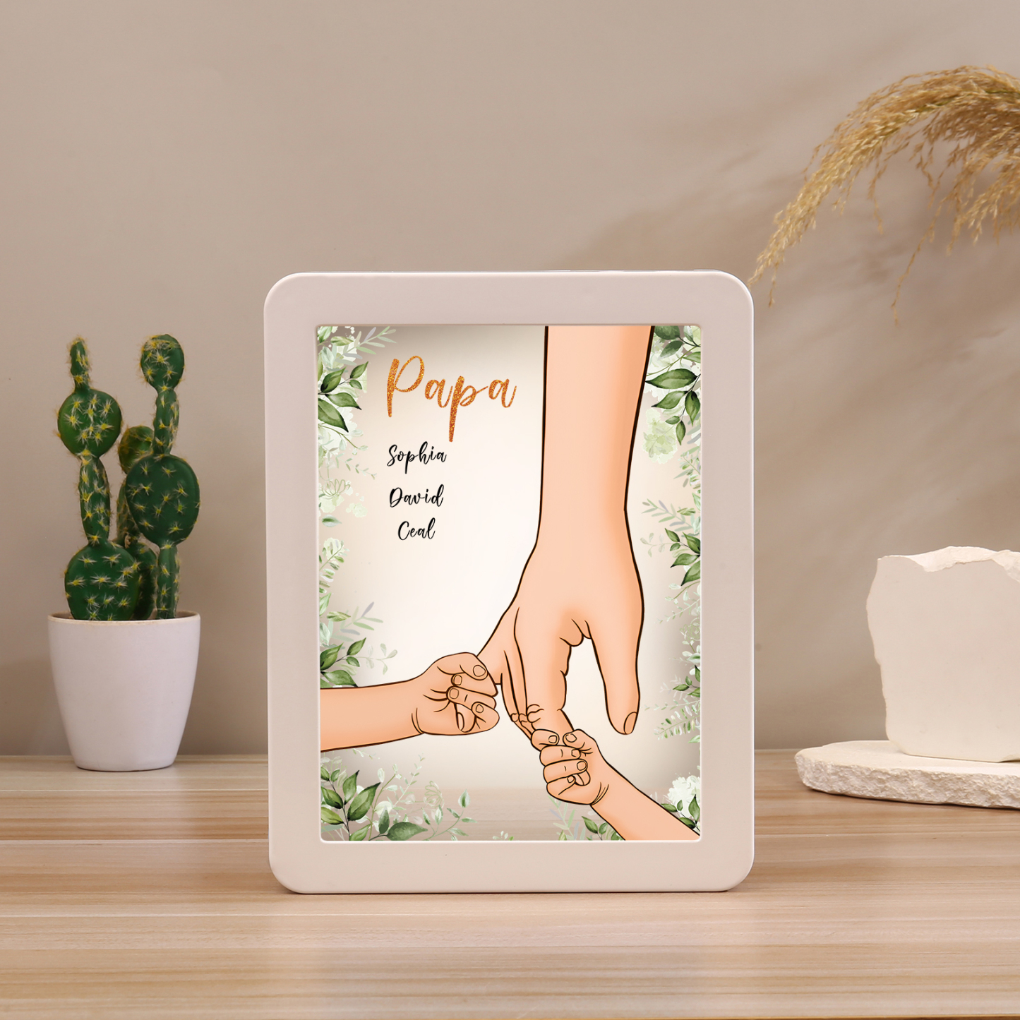 Lampe LED/Cadre Photo/Miroir multifonctionnel la main dans la main 3 Prénoms et 1 Tetxe Personnalisés Cadeau Créatif pour Famille