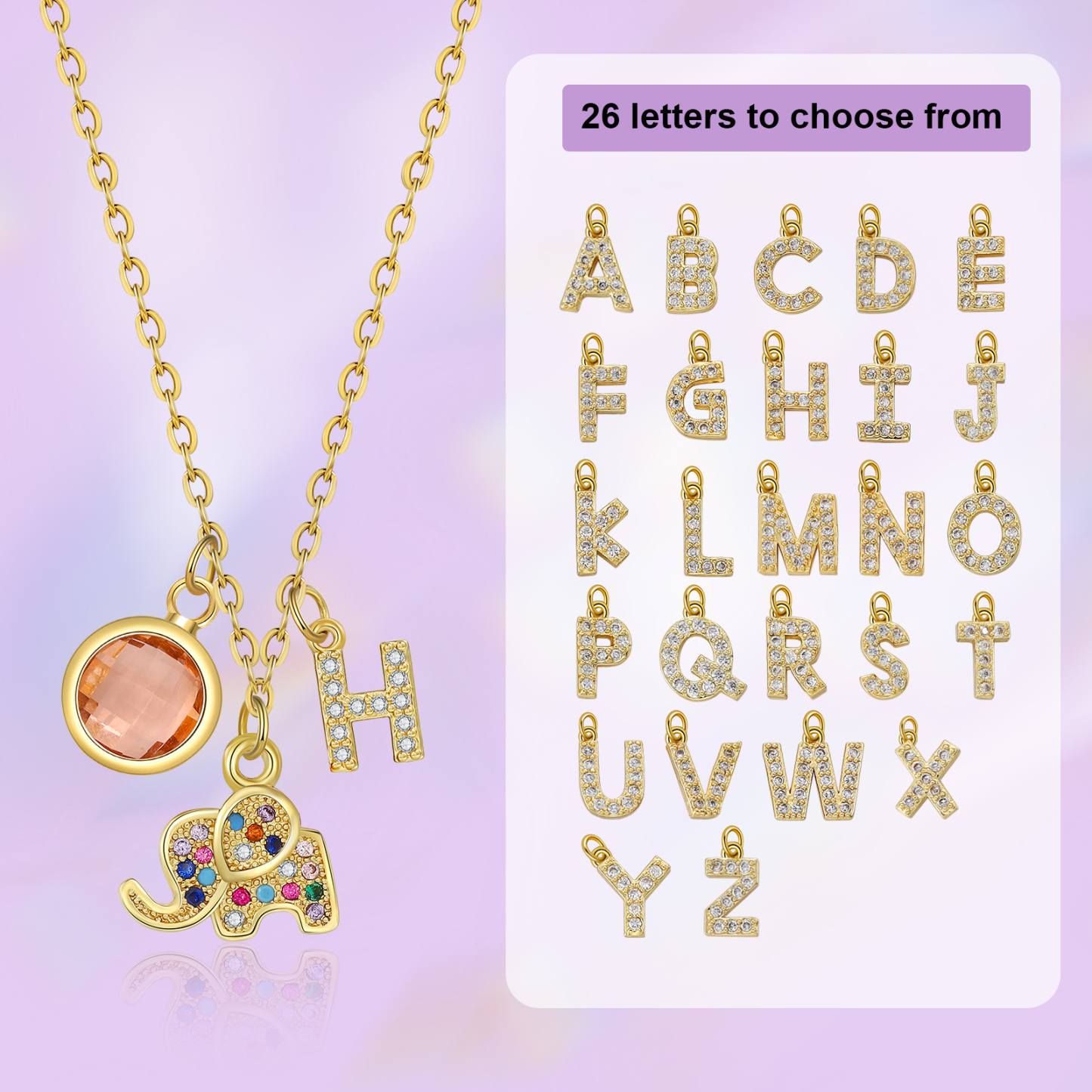 Collier Enfants Bébé Collier Éléphant 1 Pierre de Naissance et 1 Lettre pour Fille Filleule