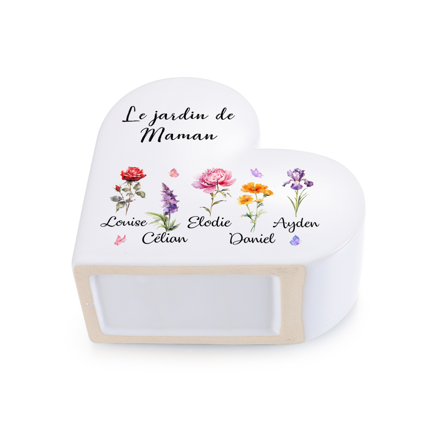 Vase Cœur en Céramique Personnalisé avec 1 à 12 Fleurs de naissance et Prénoms des Enfants