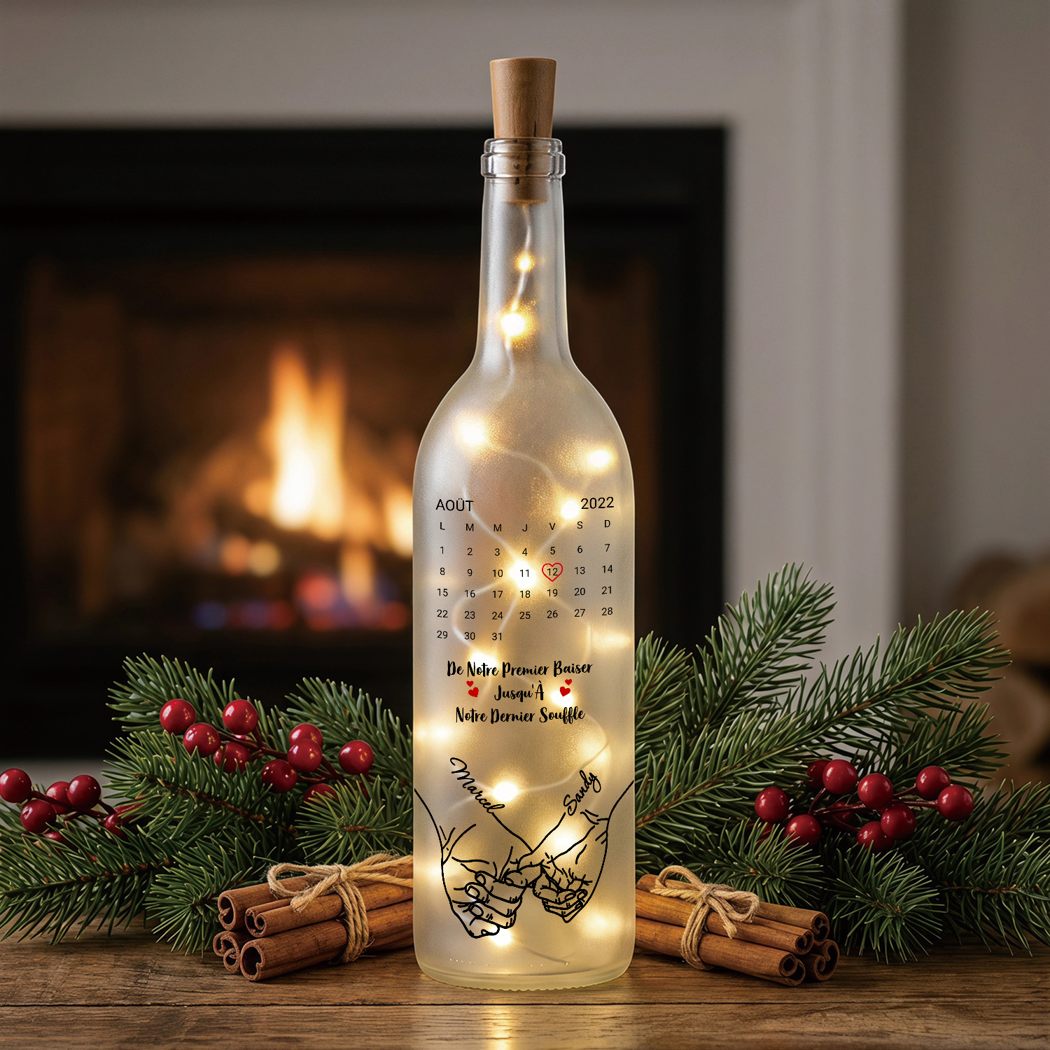 Bouteille Lumineuse Personnalisée Couple avec 2 Prénoms et Date – Cadeau Souvenir Romantique