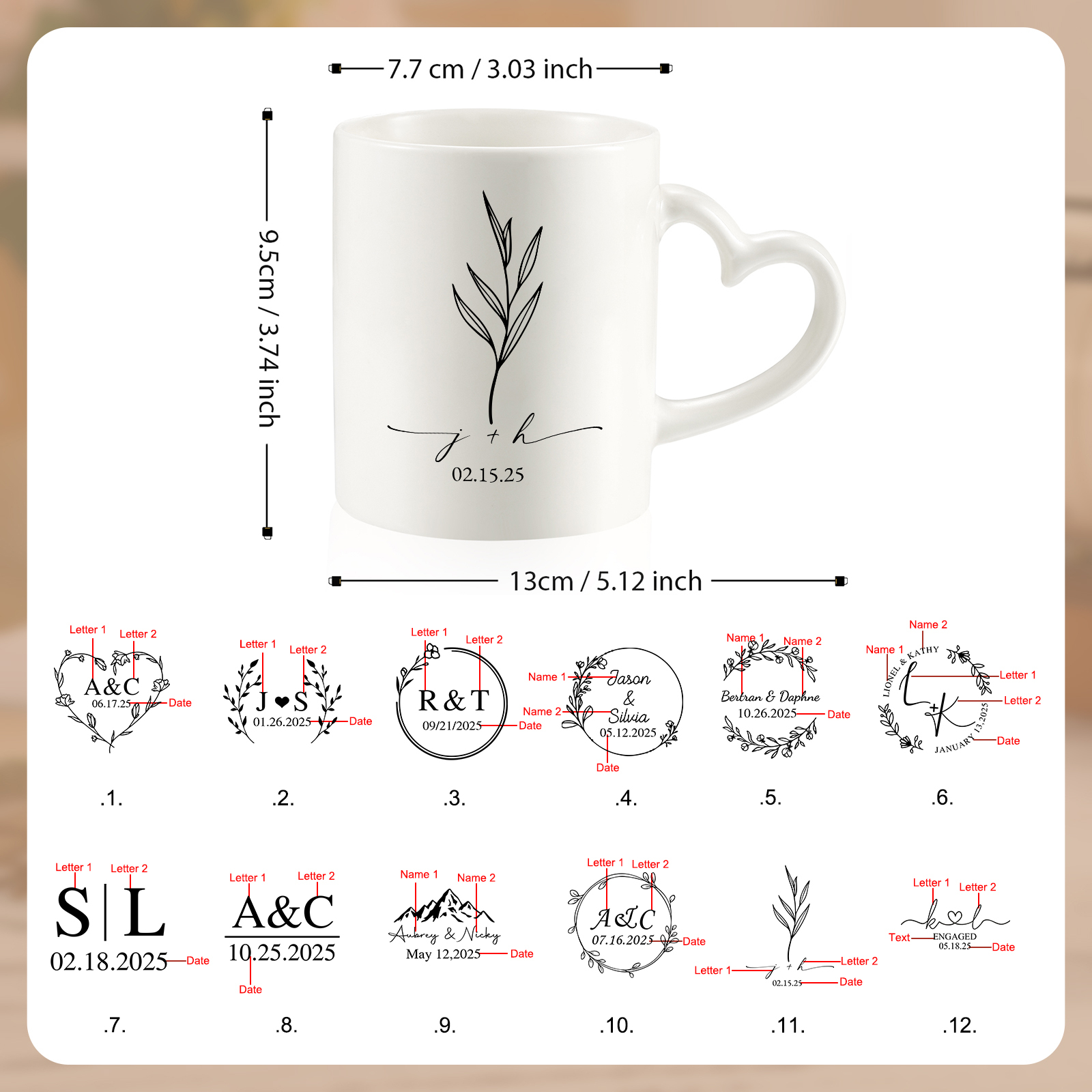 Mug en Céramique Personnalisable à Anse en Forme de Cœur pour Couple/Anniversaire
