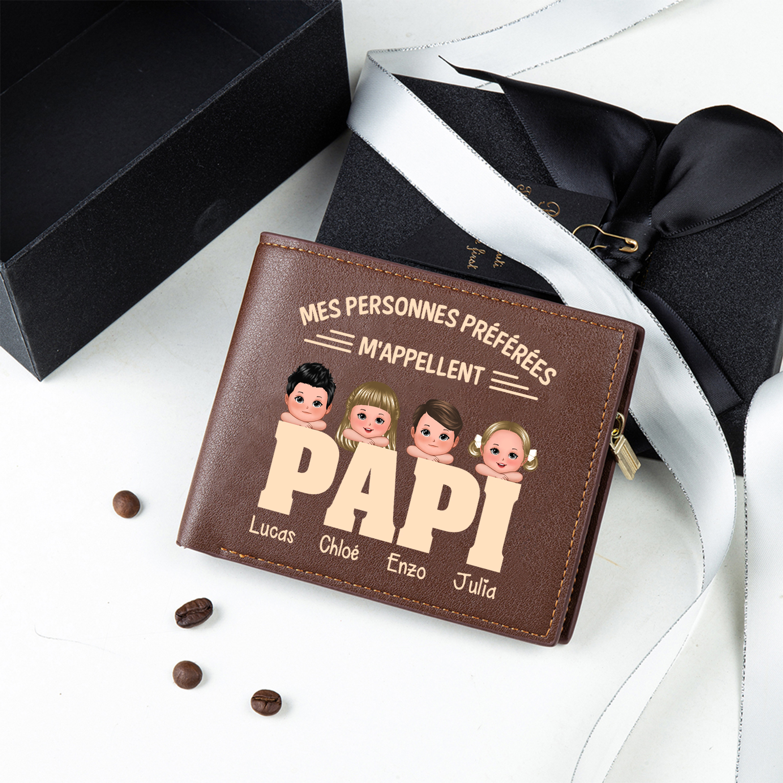 À mon Papi - Portefeuille Personnalisable avec 1-6 Prénoms imprimés avec « Mes personnes préférées m'appellent Papi » | Jessemade
