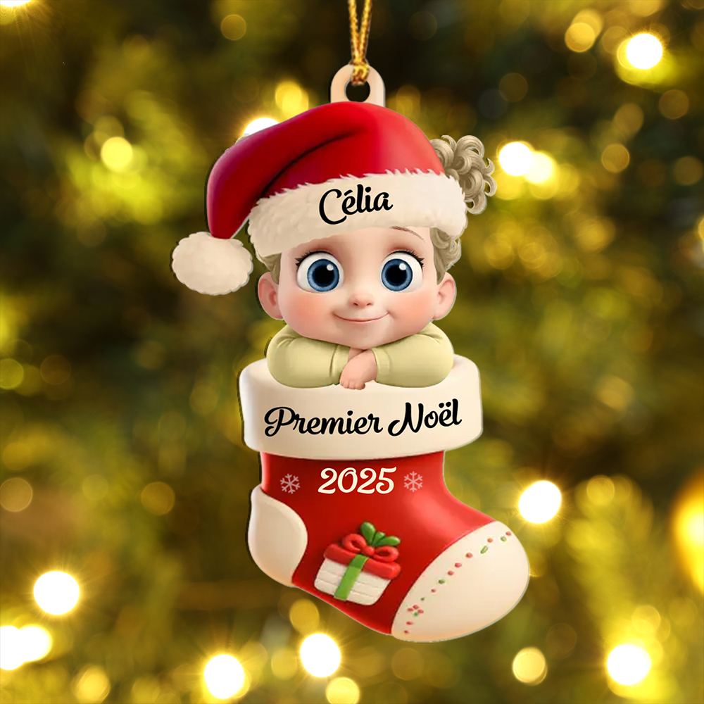 Décoration Sapin Noël en forme de Chaussette pour Premier Noël de Bébé (Design imprimé – non 3D)
