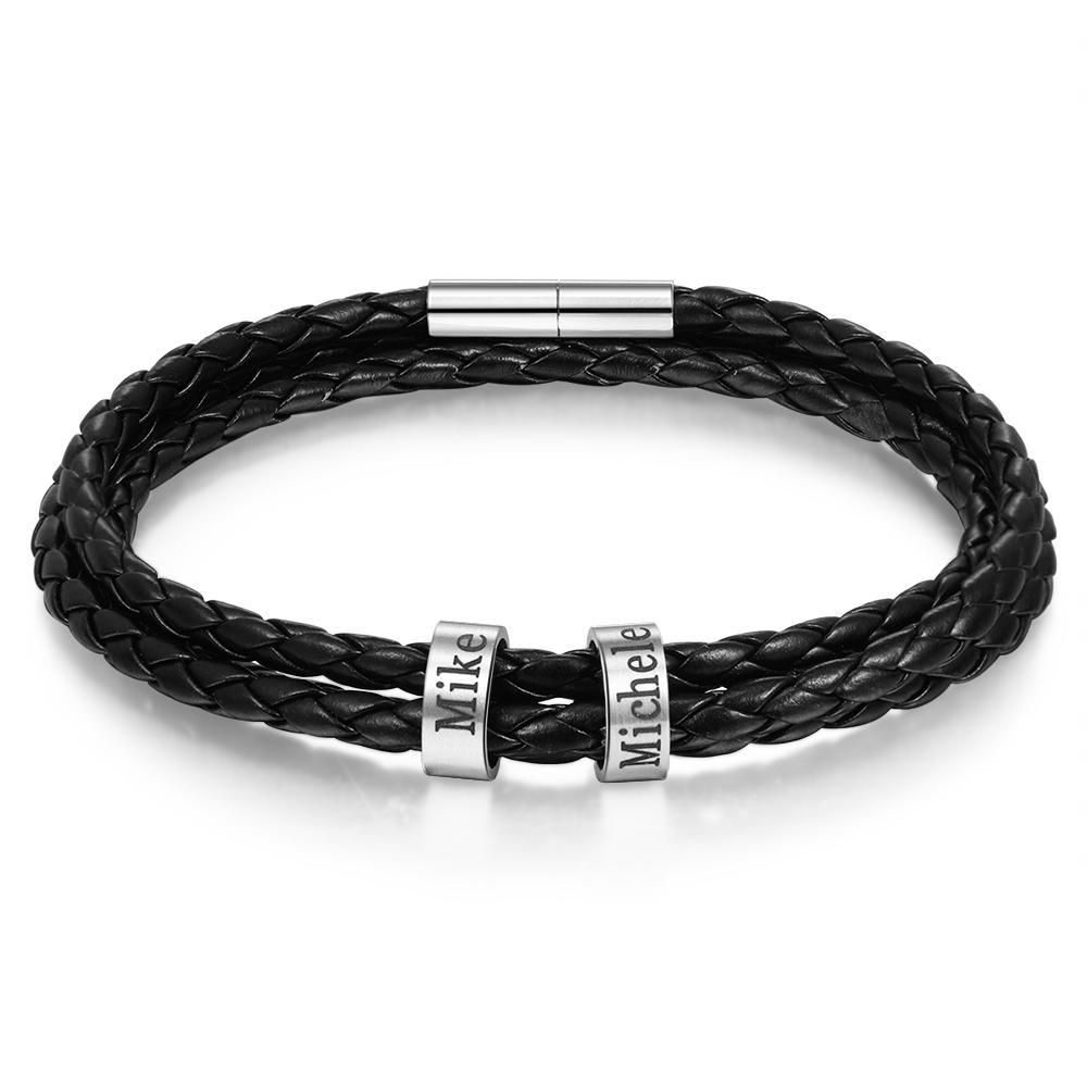 Bracelet Cuir tressé Prénom Personnalisé Bracelet Homme Avec 2 Perles