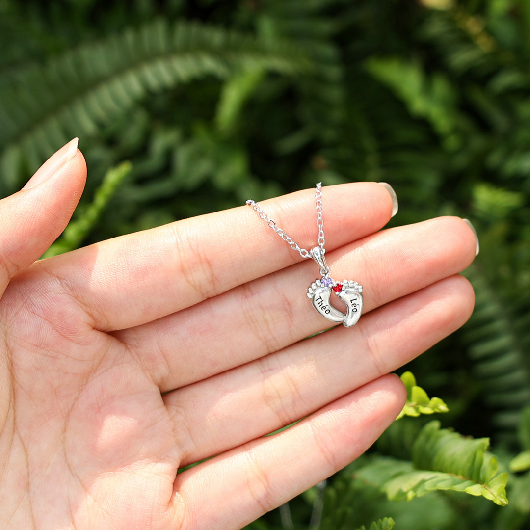 Collier 2 Prénom Personnalisé pied bebe avec pierre de naissance