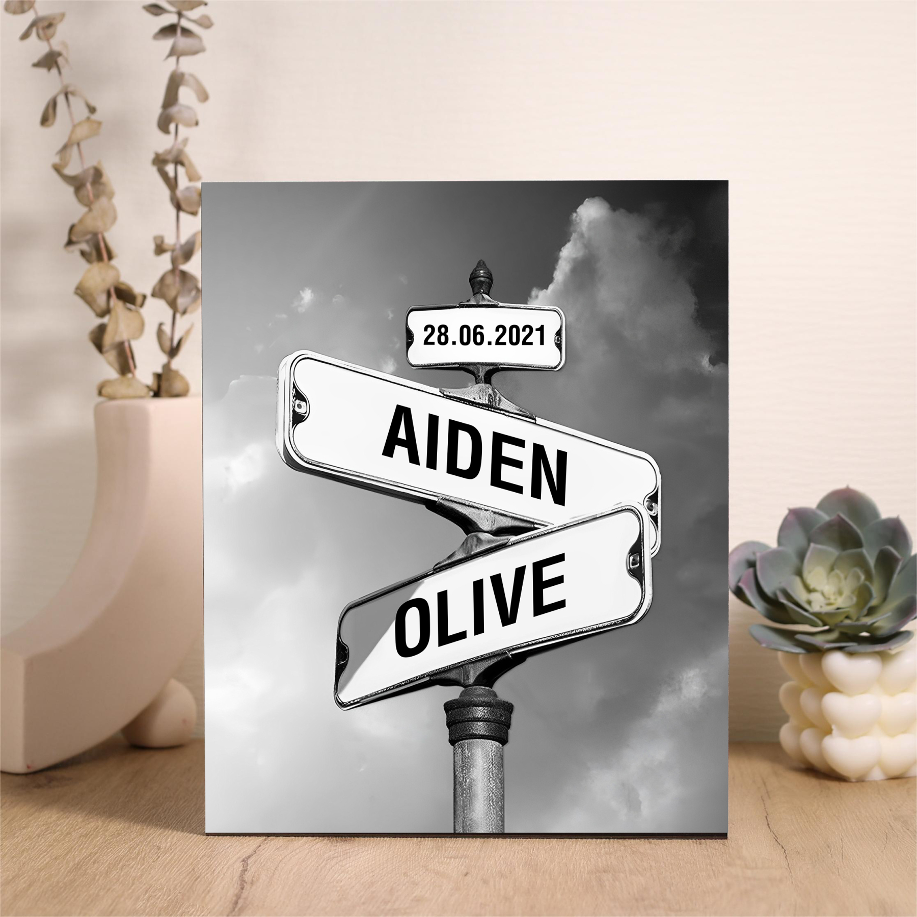 Cadre Imprimé en Bois 2 Prénoms Personnalisé avec Date pour Couple-Jessemade FR