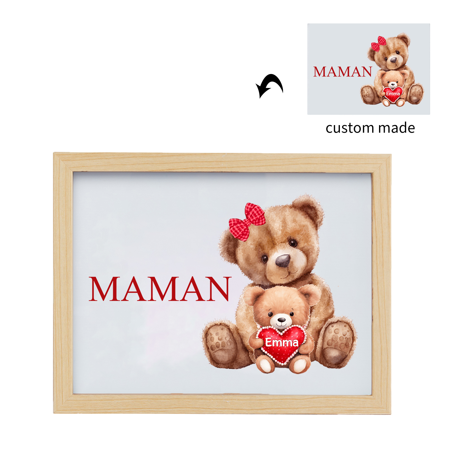 Cadre Photo LED Ours 1 Prénom Personnalisé avec 1 Texte Décoration Famille