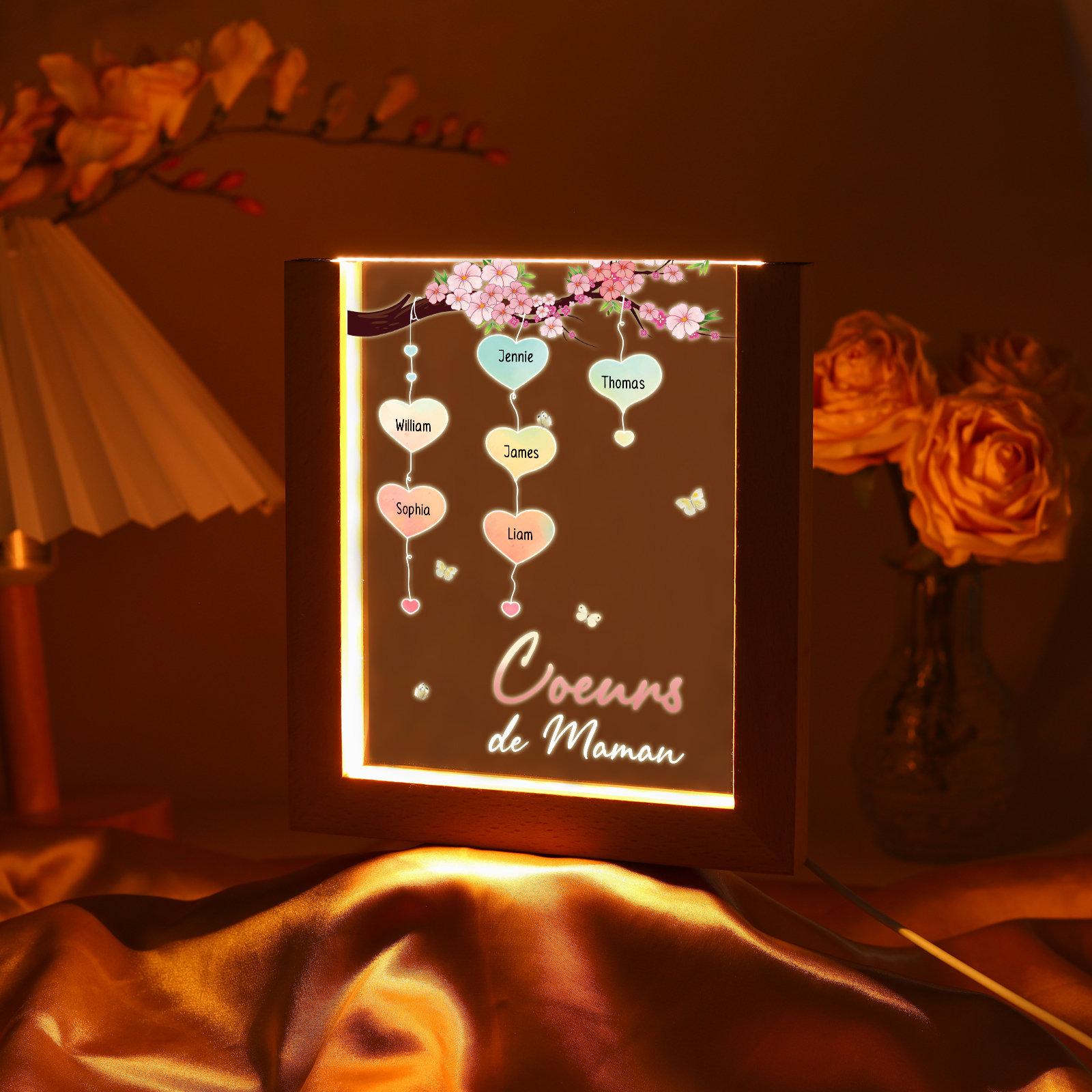 À Maman/Mamie - Lampe de chevet LED Arbre 6 Prénoms Personnalisés avec 1 Texte