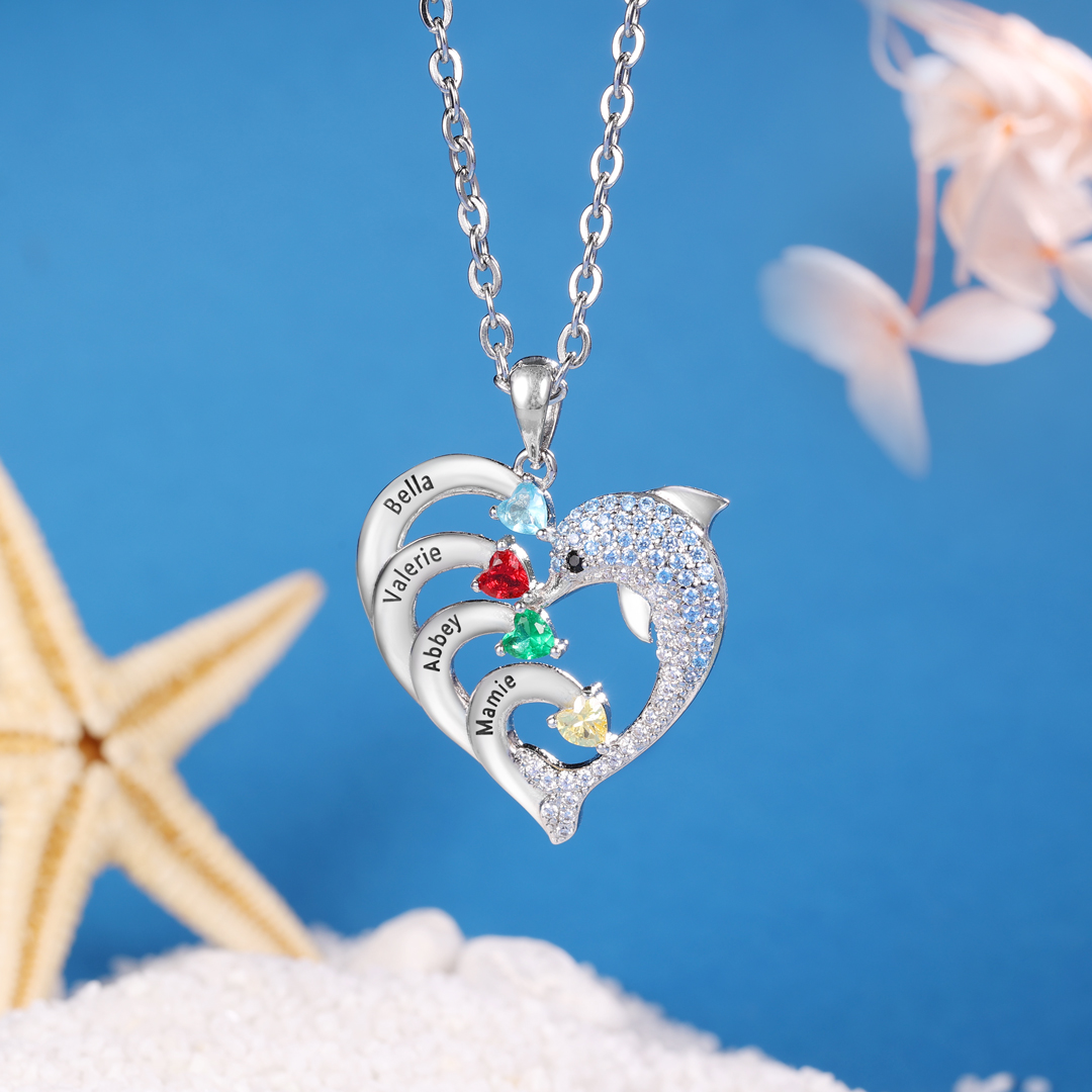 Collier coeur et dauphin 4 Prénoms Personnalisés avec 4 Pierre de Naissance
