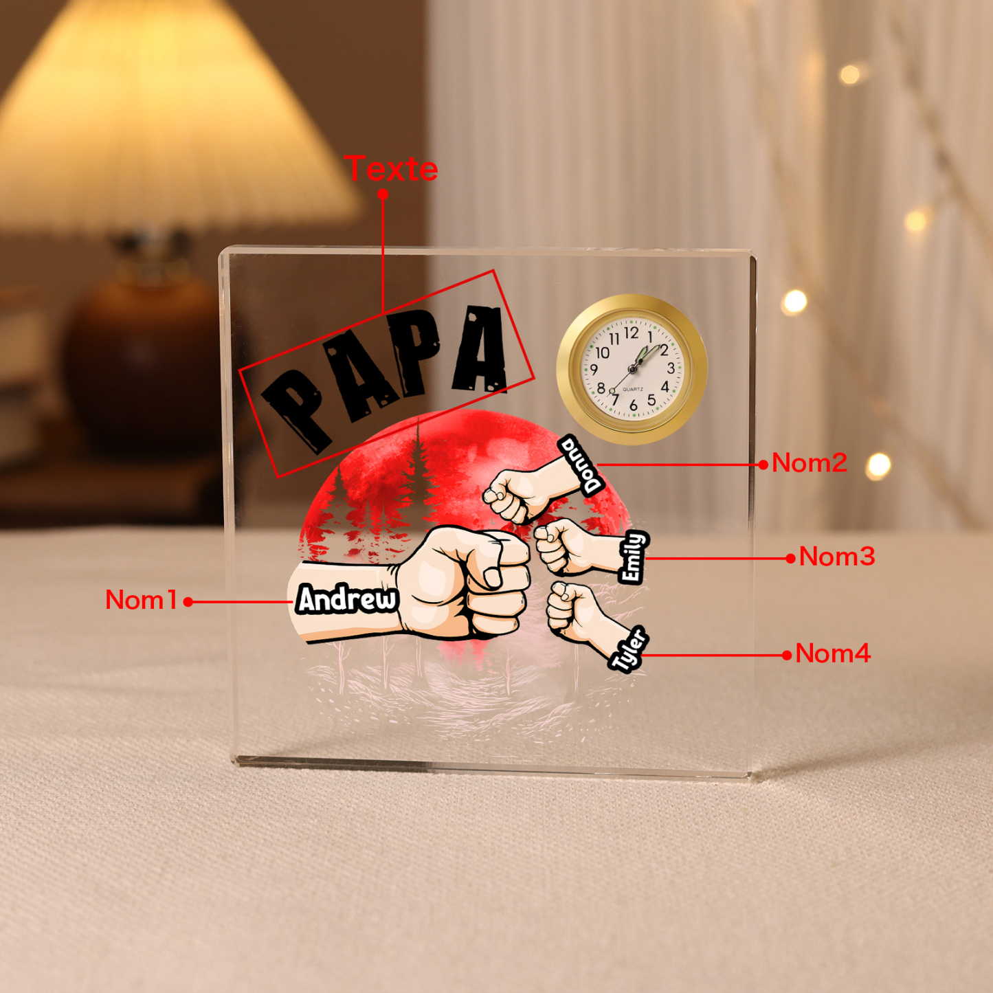 À Papa/Papi - Plaque Acrylique Poings Carré avec Horloge 4 Prénoms et 1 Texte Personnalisés