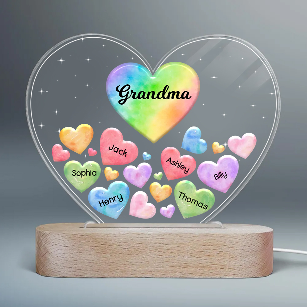 À Maman/Mamie - Lampe de chevet LED Cœurs 6 Prénoms Personnalisés avec 1 Texte