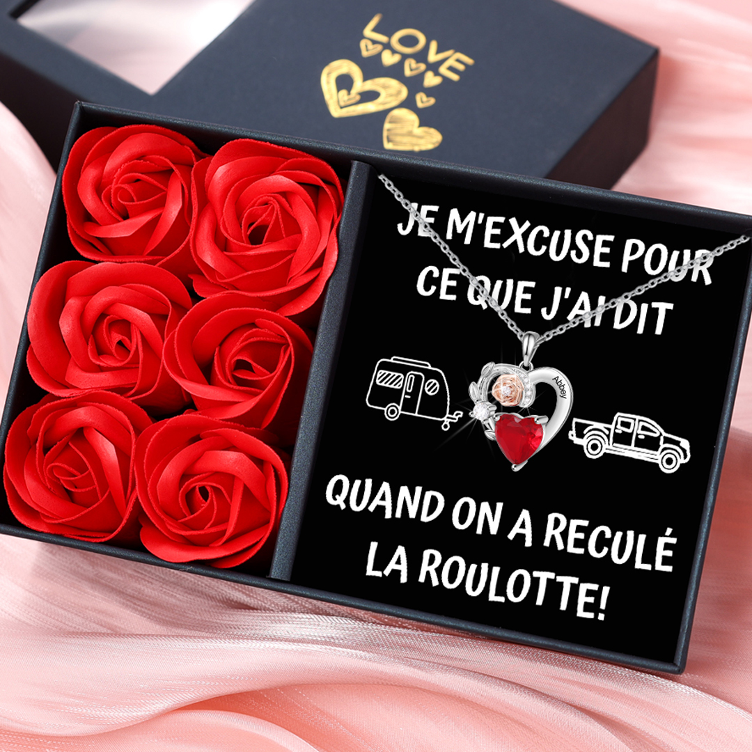 Collier Coeur d’excuses en plaqué rhodium avec prénom gravé et pierre de naissance symbolique | Jessemade