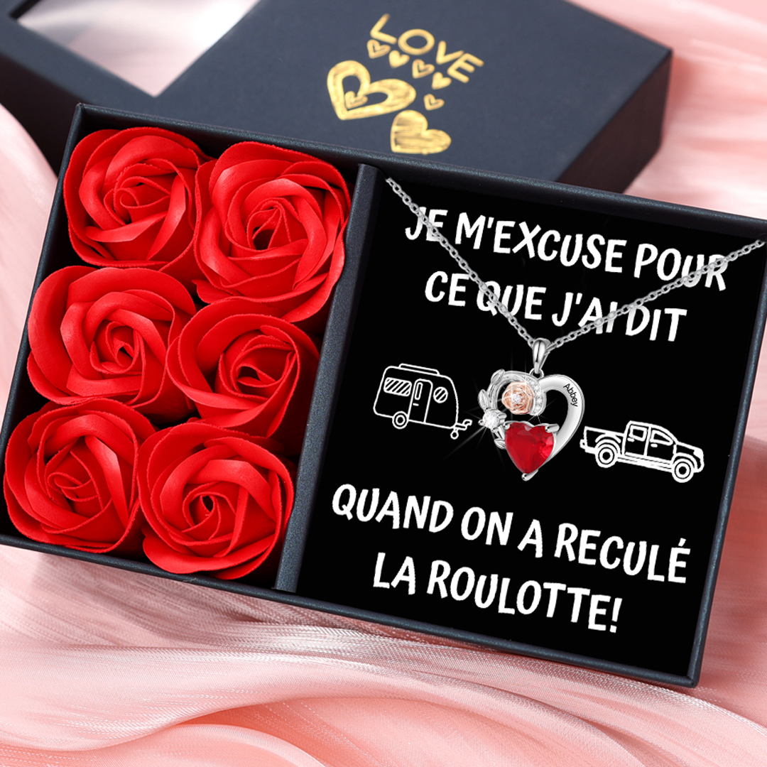 Collier Coeur d’excuses en plaqué rhodium avec prénom gravé et pierre de naissance symbolique | Jessemade