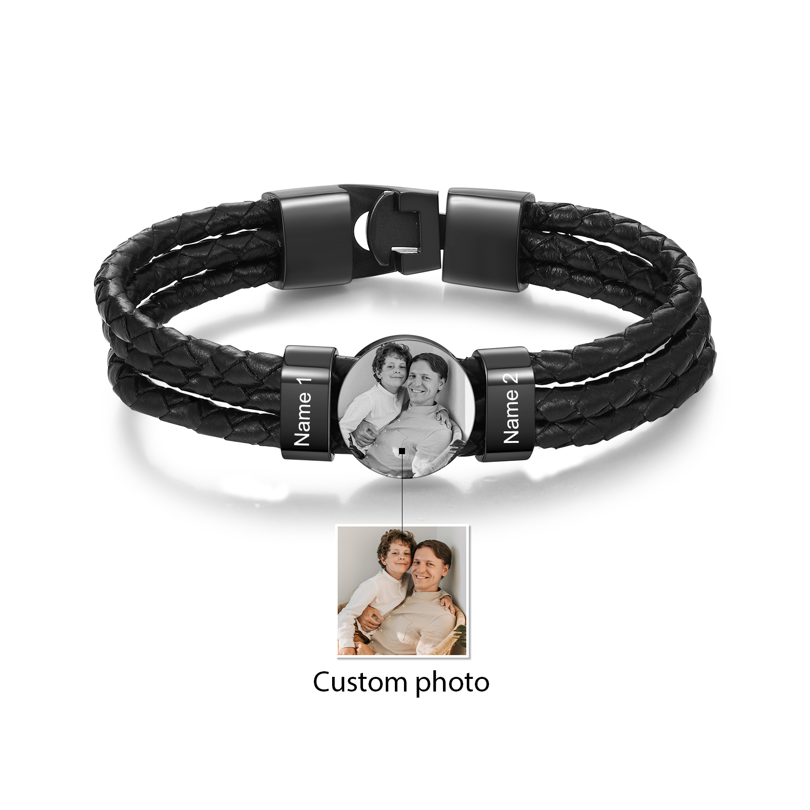 Bracelet en Cuir 2 Prénoms Personnalisés avec Photo Bracelet Personnalisé Homme|Jessemade