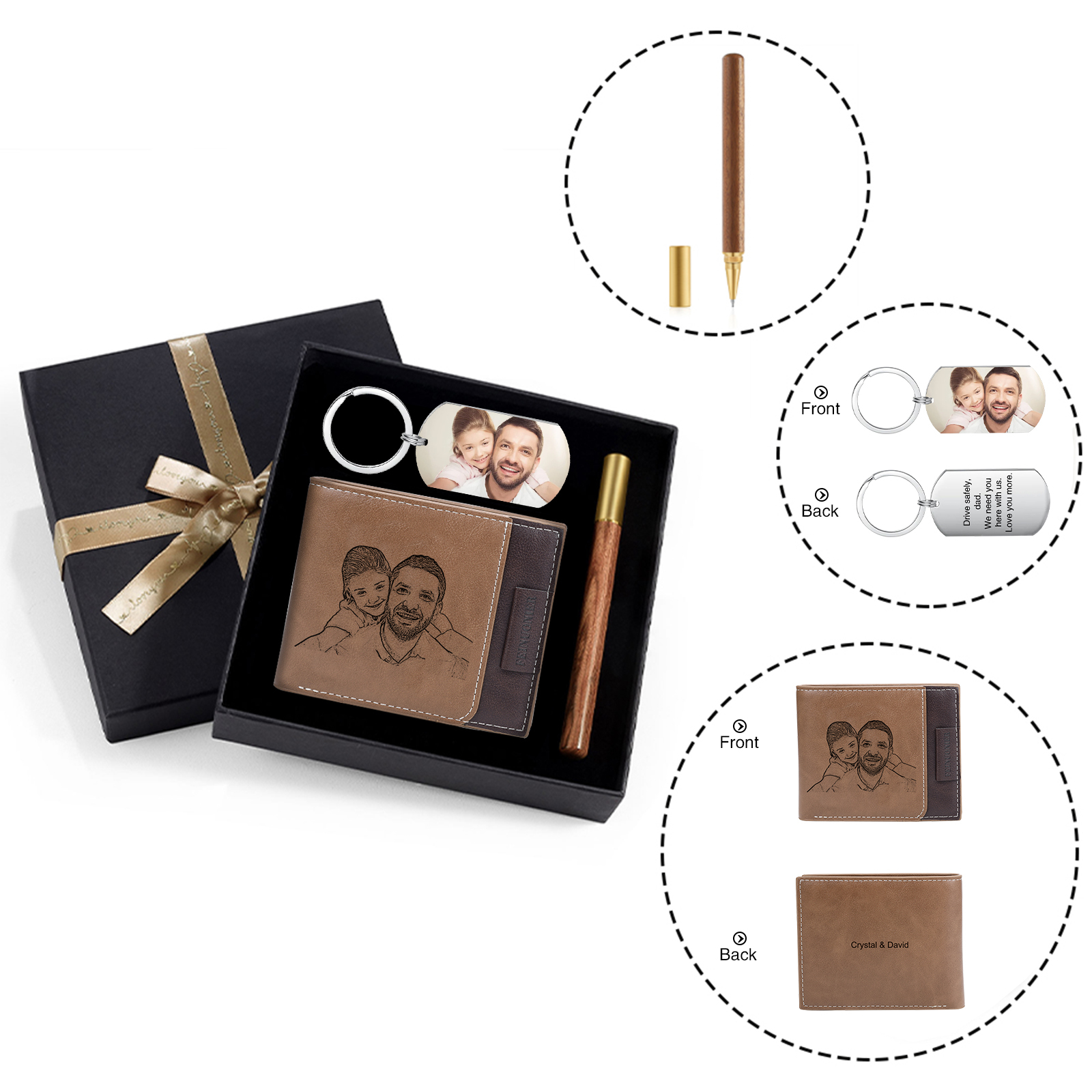 Coffret Cadeau 3PCS - Portefeuille classique Porte-Clés et Stylo 2 Textes 2 Photos Personnalisés Coffret Cadeau pour Homme | Jessemade