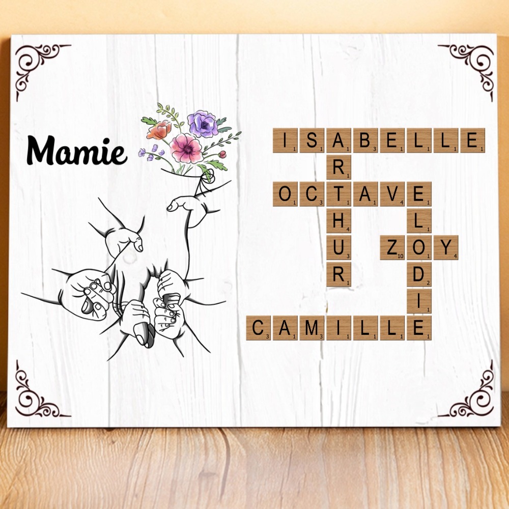 À Mamie - Cadre en Bois Grille de Mots Croisés 1-7 Prénoms Personnalisés Déco de Famille Cadeau Mamie | Jessemade
