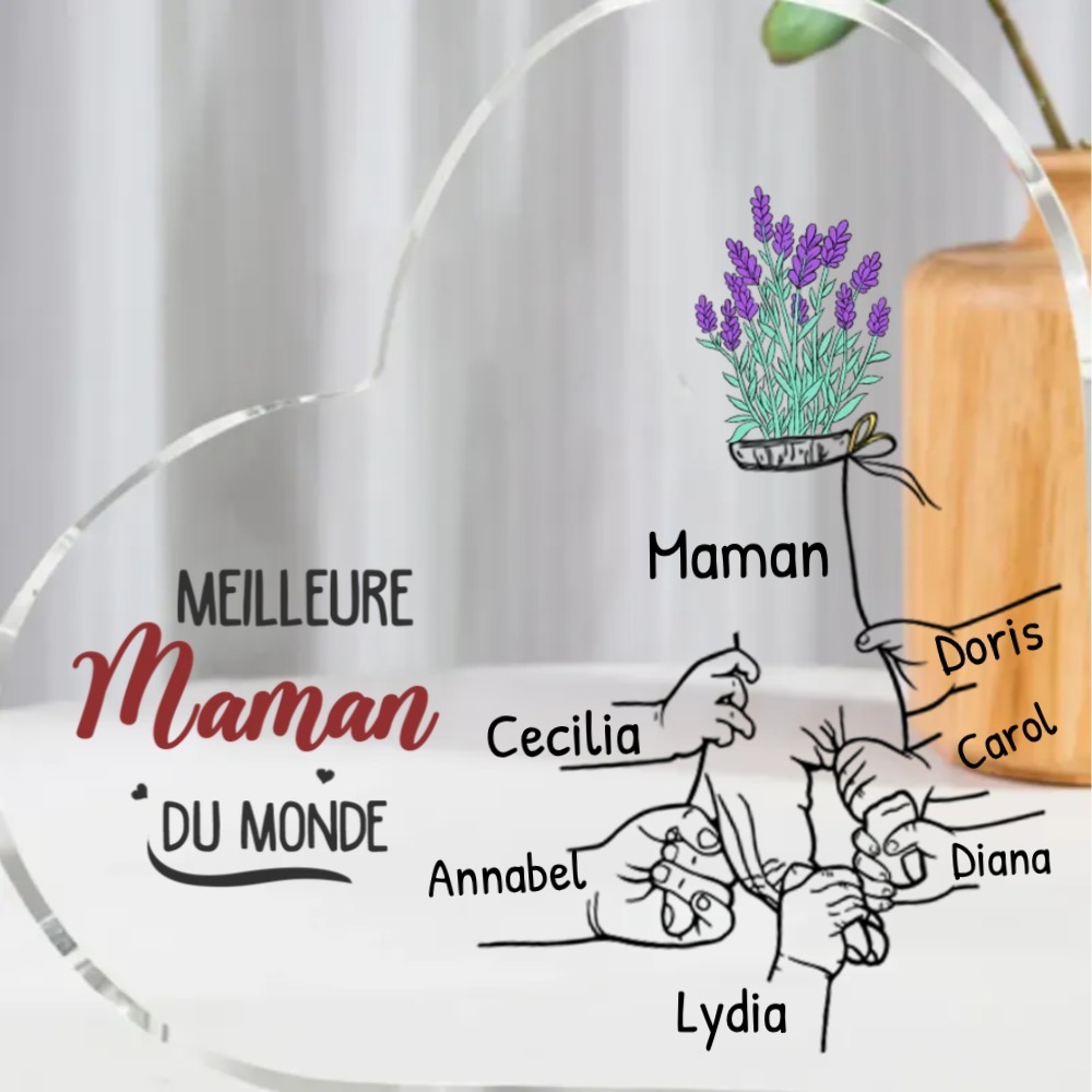 À ma Maman - Plaque Acrylique en Forme de Cœur 2-7 Prénoms Personnalisés Décoration la main dans la main