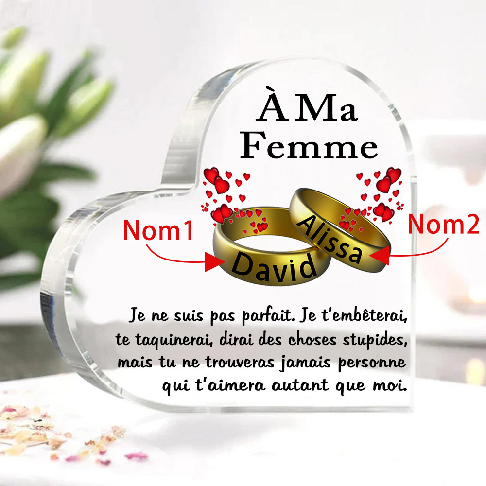 À Ma Femme-Plaque Acrylique en Forme de Cœur 2 Prénoms Personnalisés