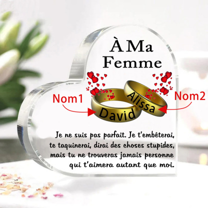 À Ma Femme-Plaque Acrylique en Forme de Cœur 2 Prénoms Personnalisés
