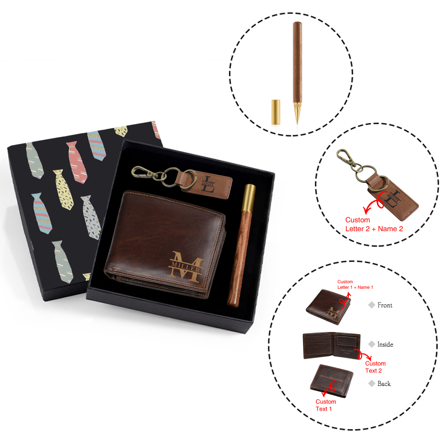 Coffret Cadeau 3PCS - Portefeuille classique Porte-Clés et Stylo 2 Textes Personnalisés avec 2 Prénoms et Lettres Coffret Cadeau pour Homme