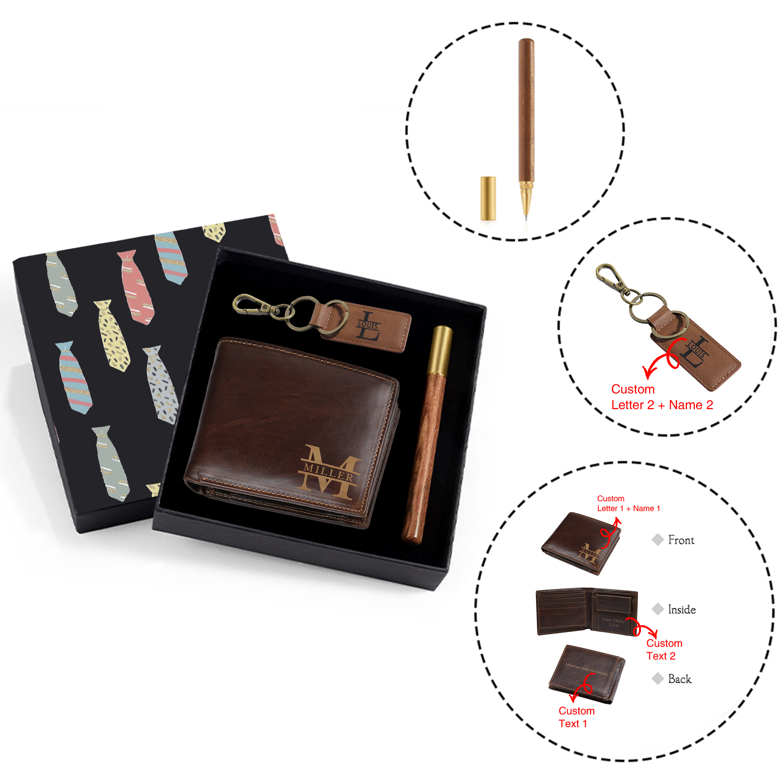 Coffret Cadeau 3PCS - Portefeuille classique Porte-Clés et Stylo 2 Textes Personnalisés avec 2 Prénoms et Lettres Coffret Cadeau pour Homme