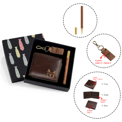 Coffret Cadeau 3PCS - Portefeuille classique Porte-Clés et Stylo 2 Textes Personnalisés avec 2 Prénoms et Lettres Coffret Cadeau pour Homme