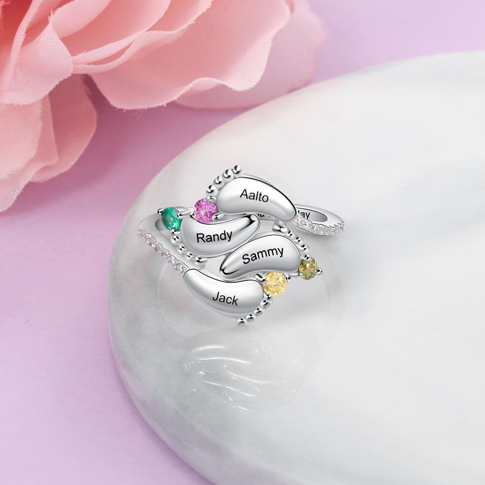 Bague Pieds de Bébé Prénom Personnalisée Gravée 4 Pierres de Naissance
