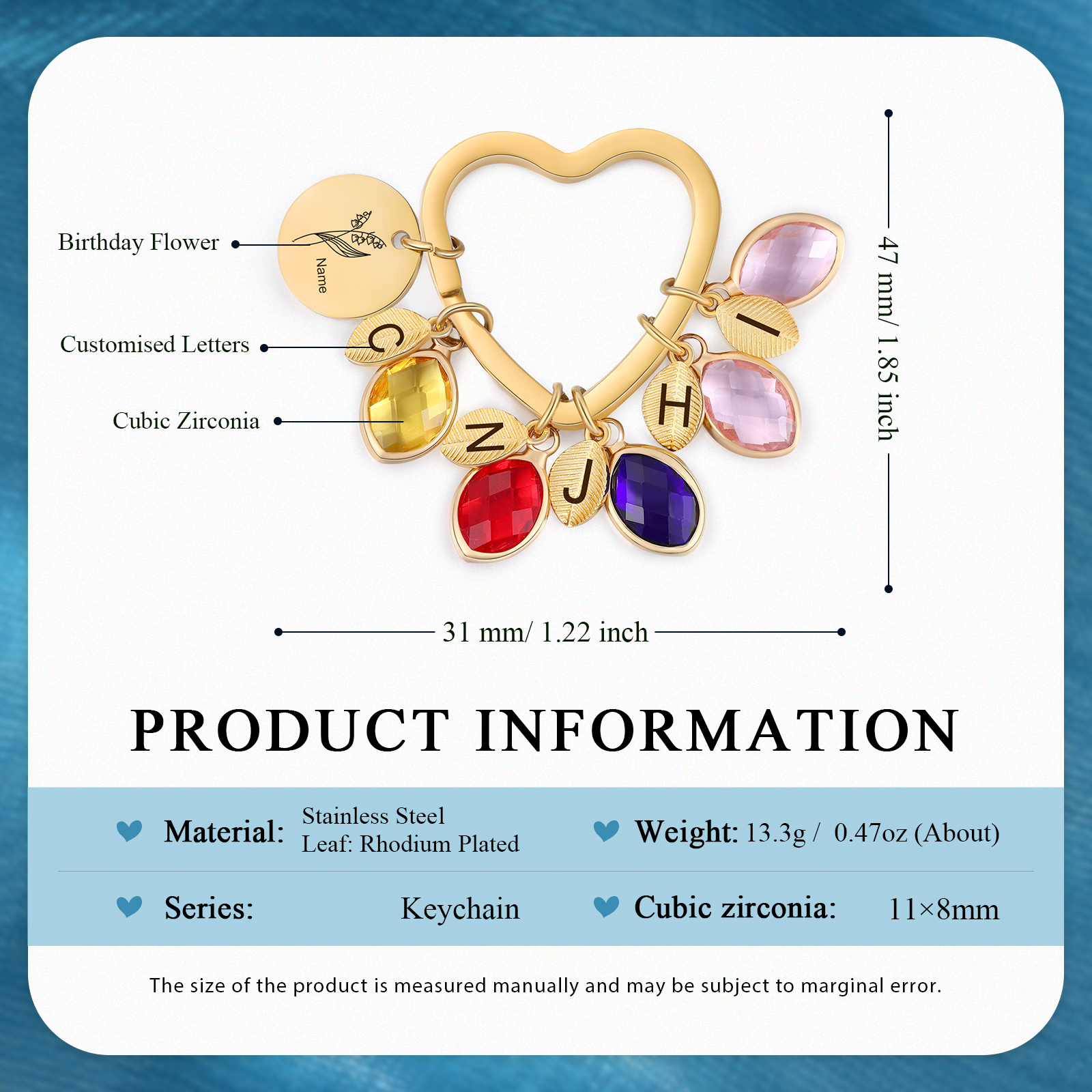 Porte-Clés Fleur de Naissance Feuilles 1 Prénom et 5 Lettres Personnalisés avec 5 Pierres de Naissance