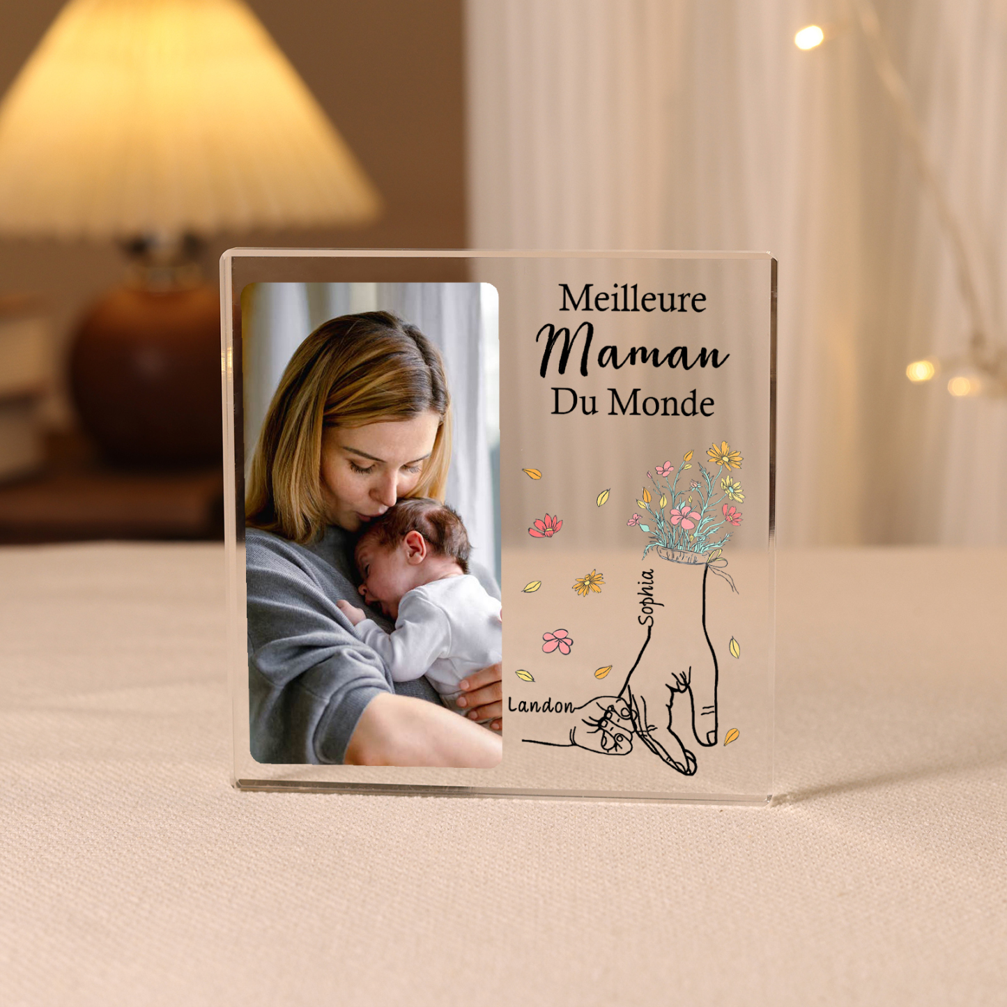 À ma Maman - Plaque Acrylique Carrée la Main dans la Main 2 Prénoms Personnalisés avec Photo