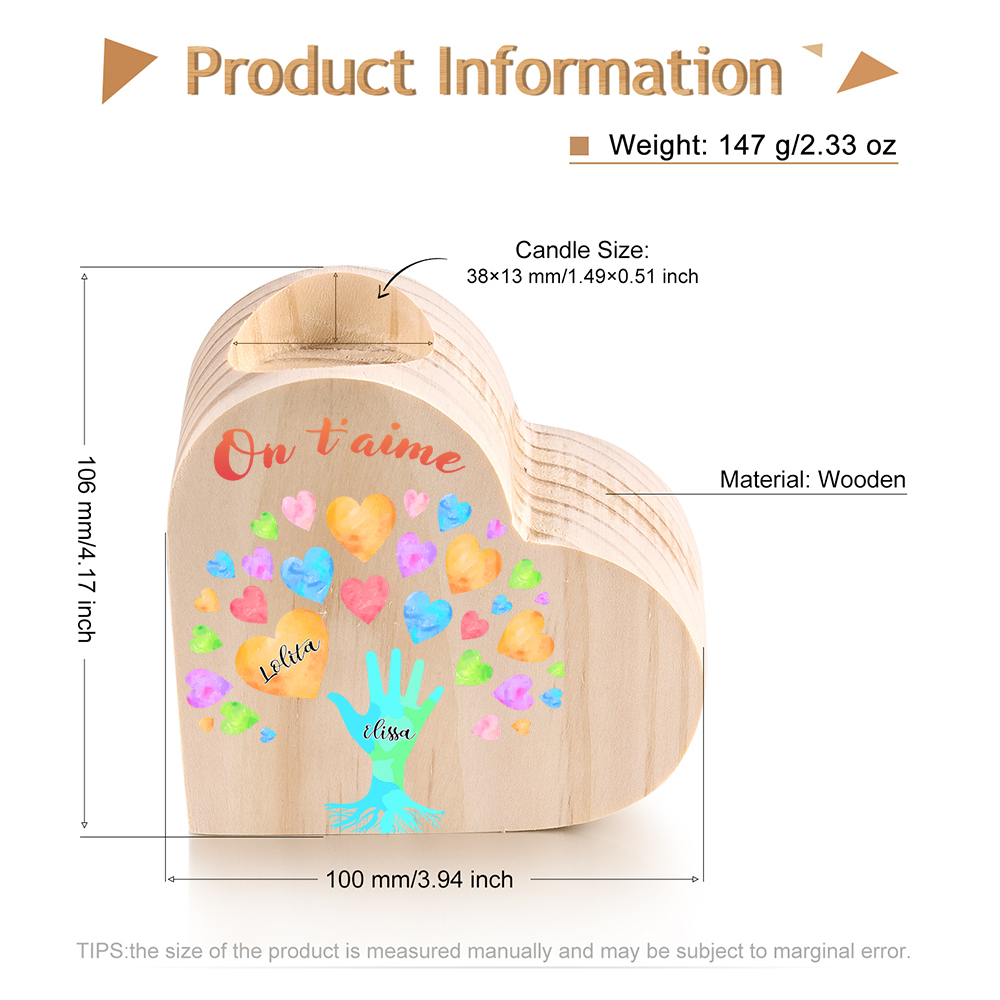 Bougeoir en Bois 2 Prénoms Personnalisés avec Texte sans bougie pour Famille
