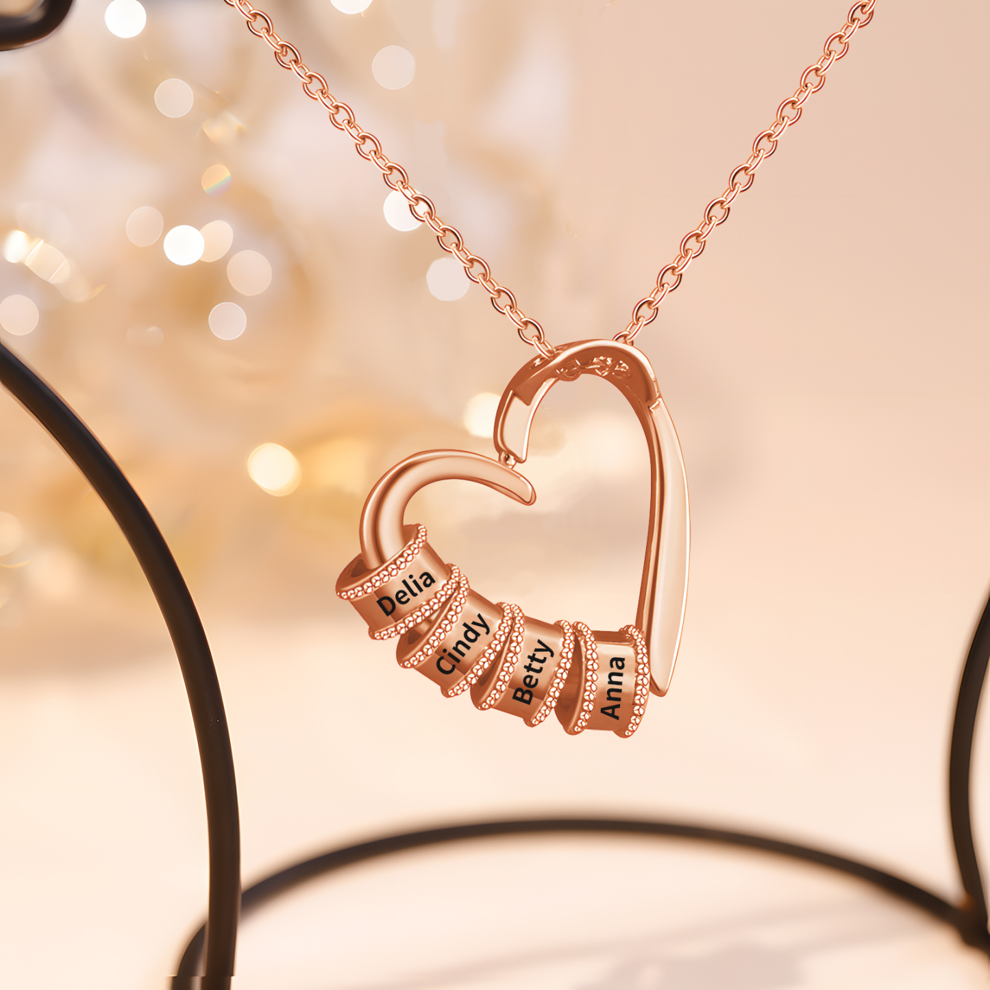 Collier Pendentif Cœur 4 Prénoms et Perles Personnalisés Collier Femmes
