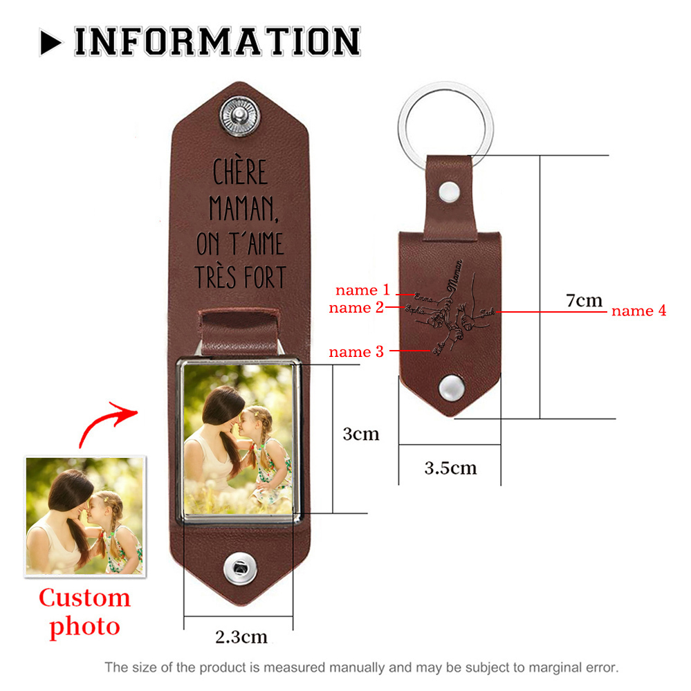 À ma Maman - Porte-Clés Cuir la Main dans la Main 4 Prénoms Personnalisés avec Photo
