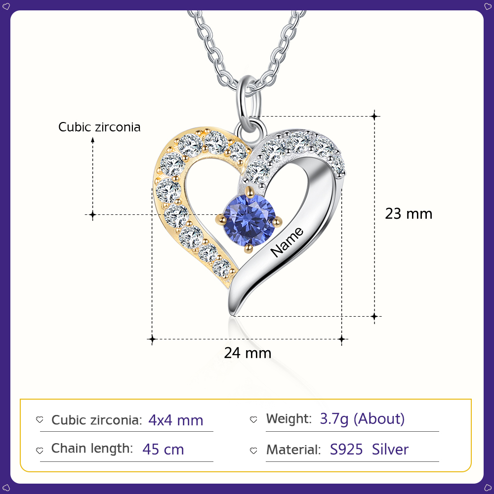 Collier Prénom cœur Argent 925 1 Prénom 1 pierre de naissance