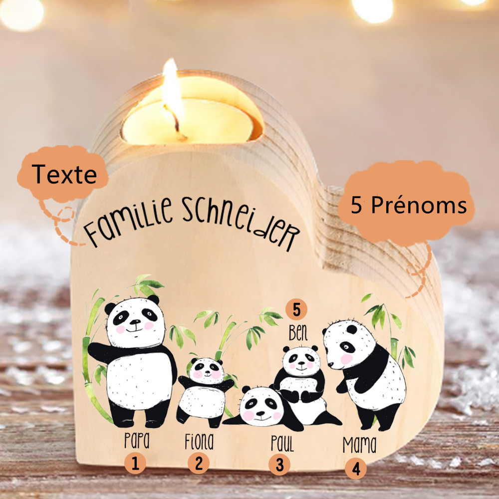 Bougeoirs en Bois Panda sans bougie 5 Prénoms Personnalisé avec 2 textes