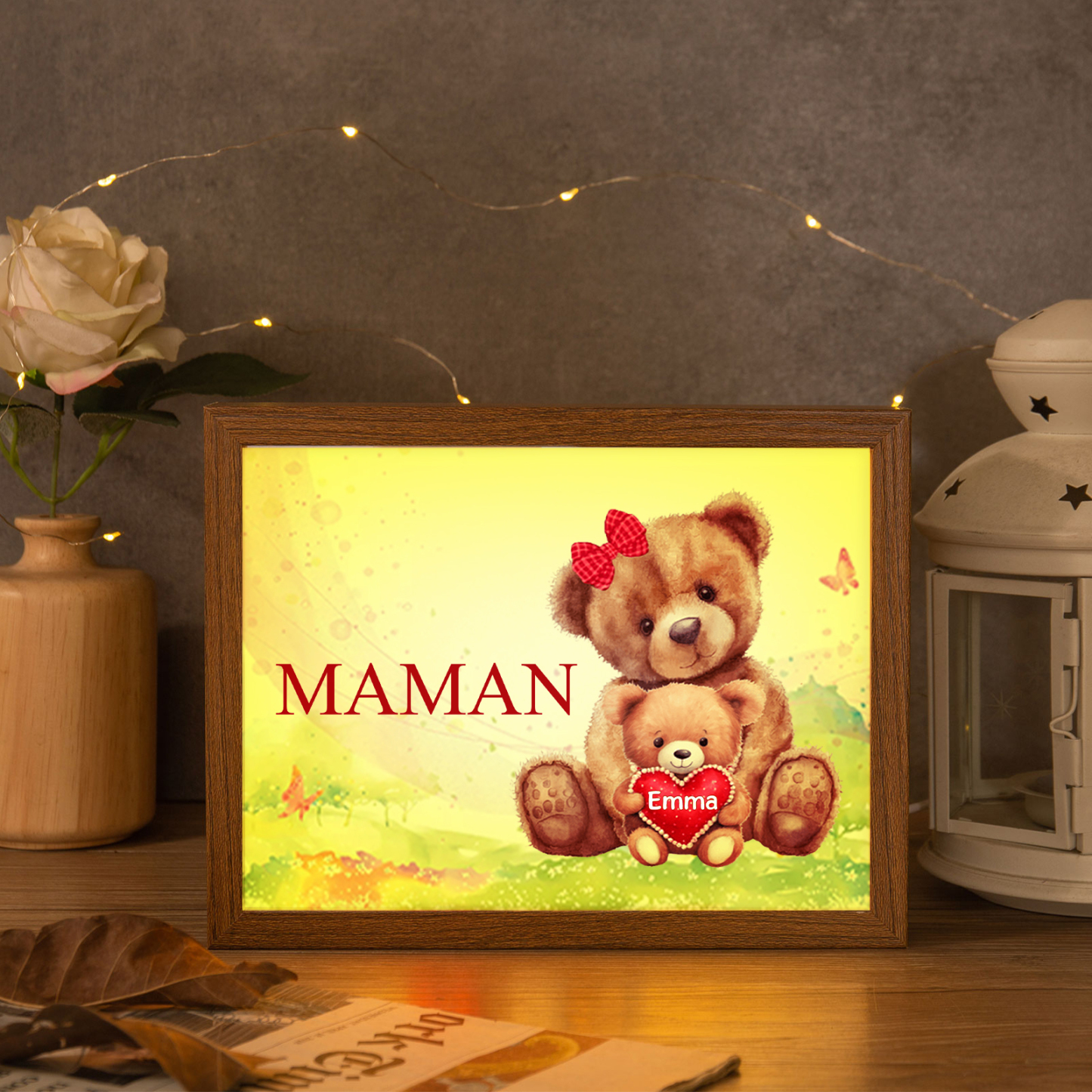 Cadre Photo LED Ours 1 Prénom Personnalisé avec 1 Texte Décoration Famille