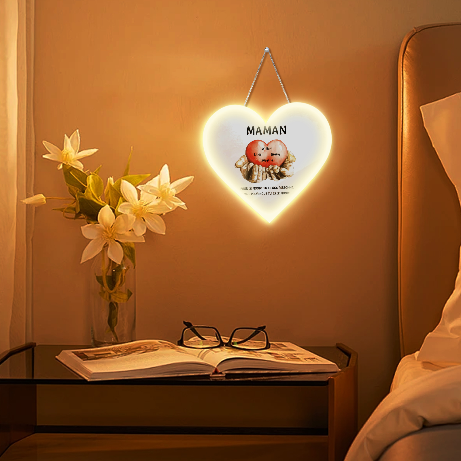 À Maman/Mamie - Veilleuse Cœur Décoration Mains et Cœur 4 Prénoms Personnalisés avec 2 Textes