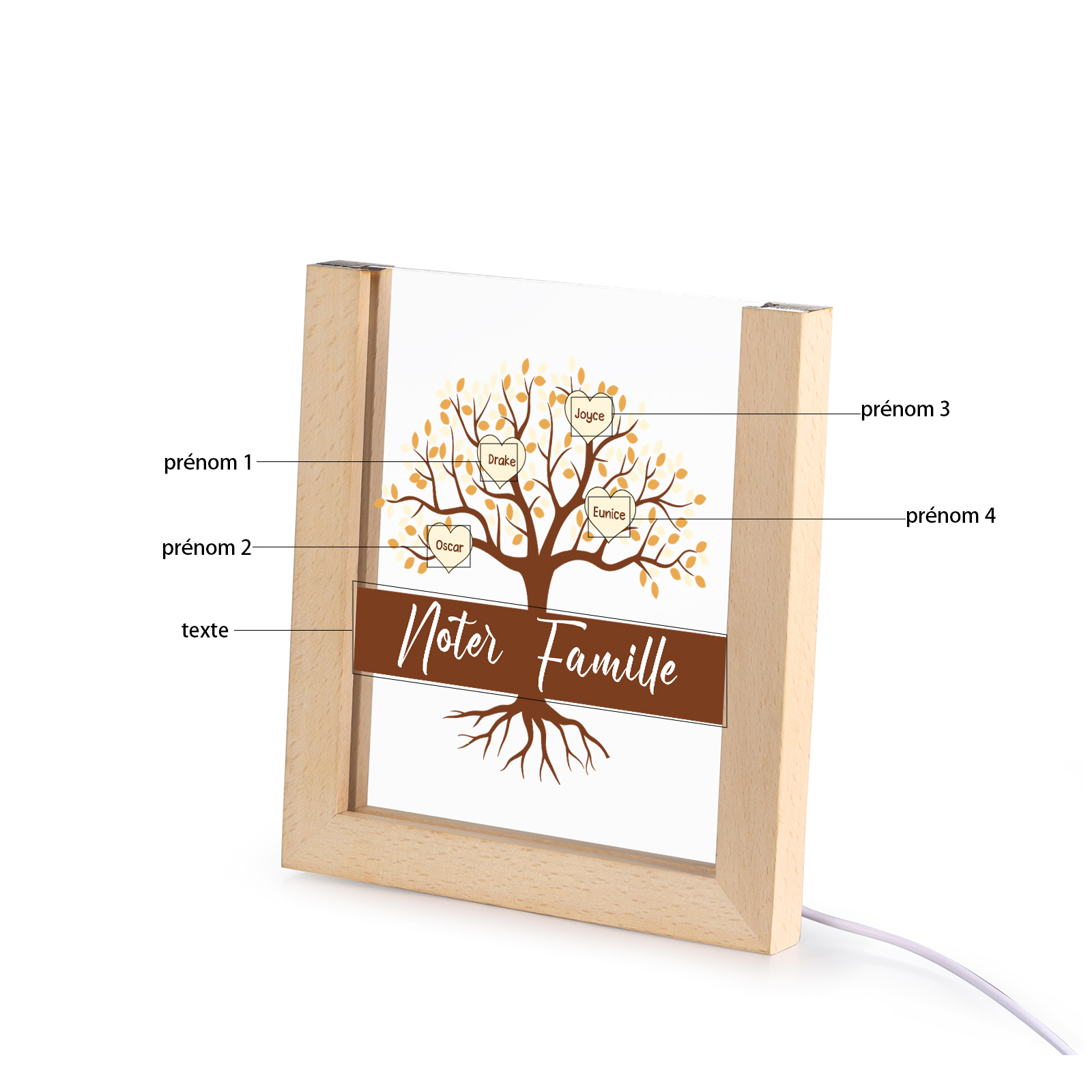 À Maman/Mamie - Lampe de chevet LED Arbre 4 Prénoms Personnalisés avec 1 Texte