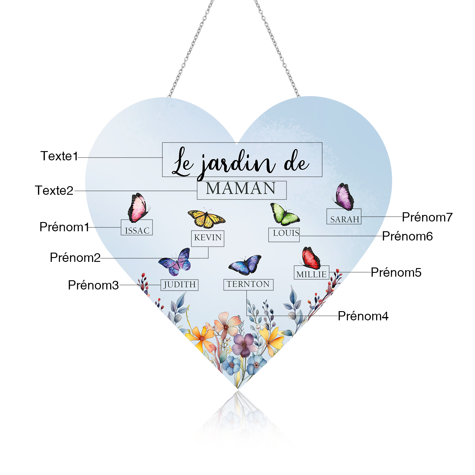 À Maman/Mamie - Veilleuse Cœur Décoration Fleur et Papillon 7 Prénoms Personnalisés avec 1 Texte