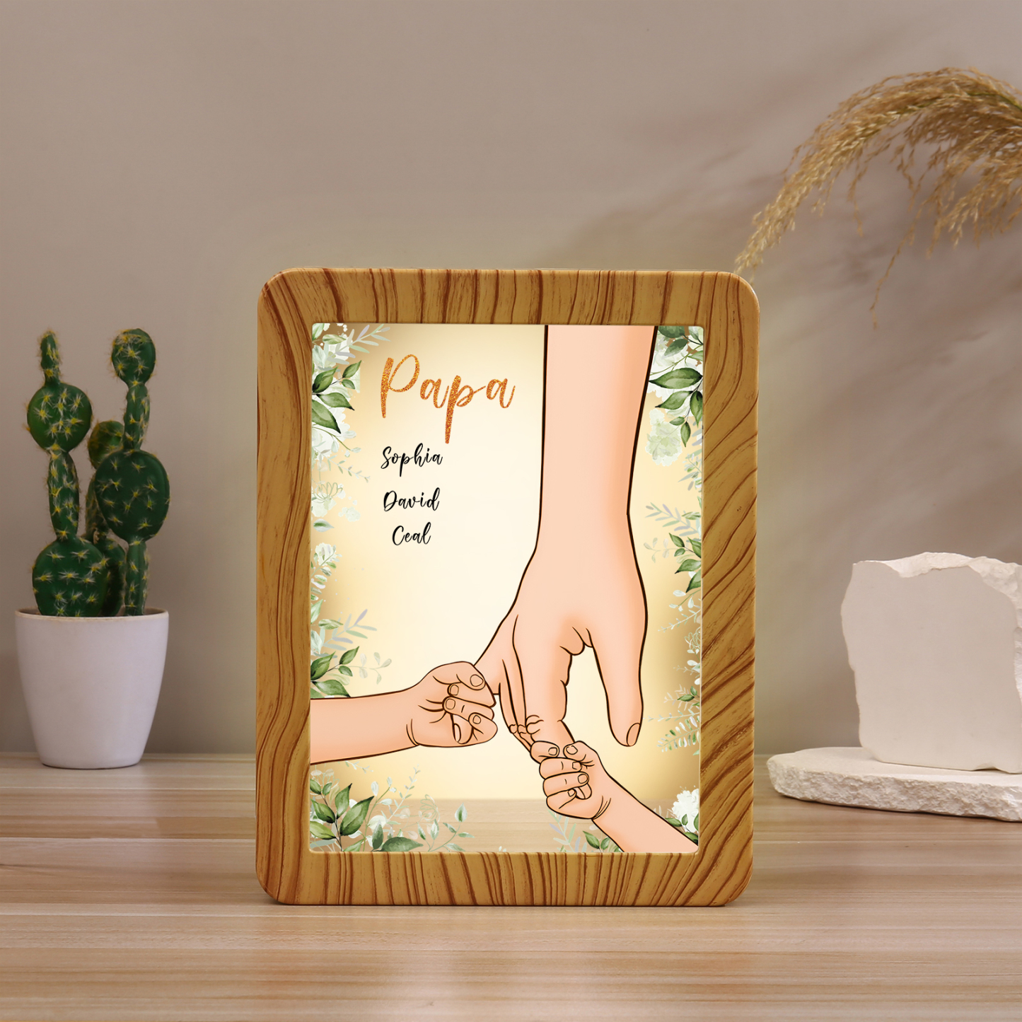 Lampe LED/Cadre Photo/Miroir multifonctionnel la main dans la main 3 Prénoms et 1 Tetxe Personnalisés Cadeau Créatif pour Famille