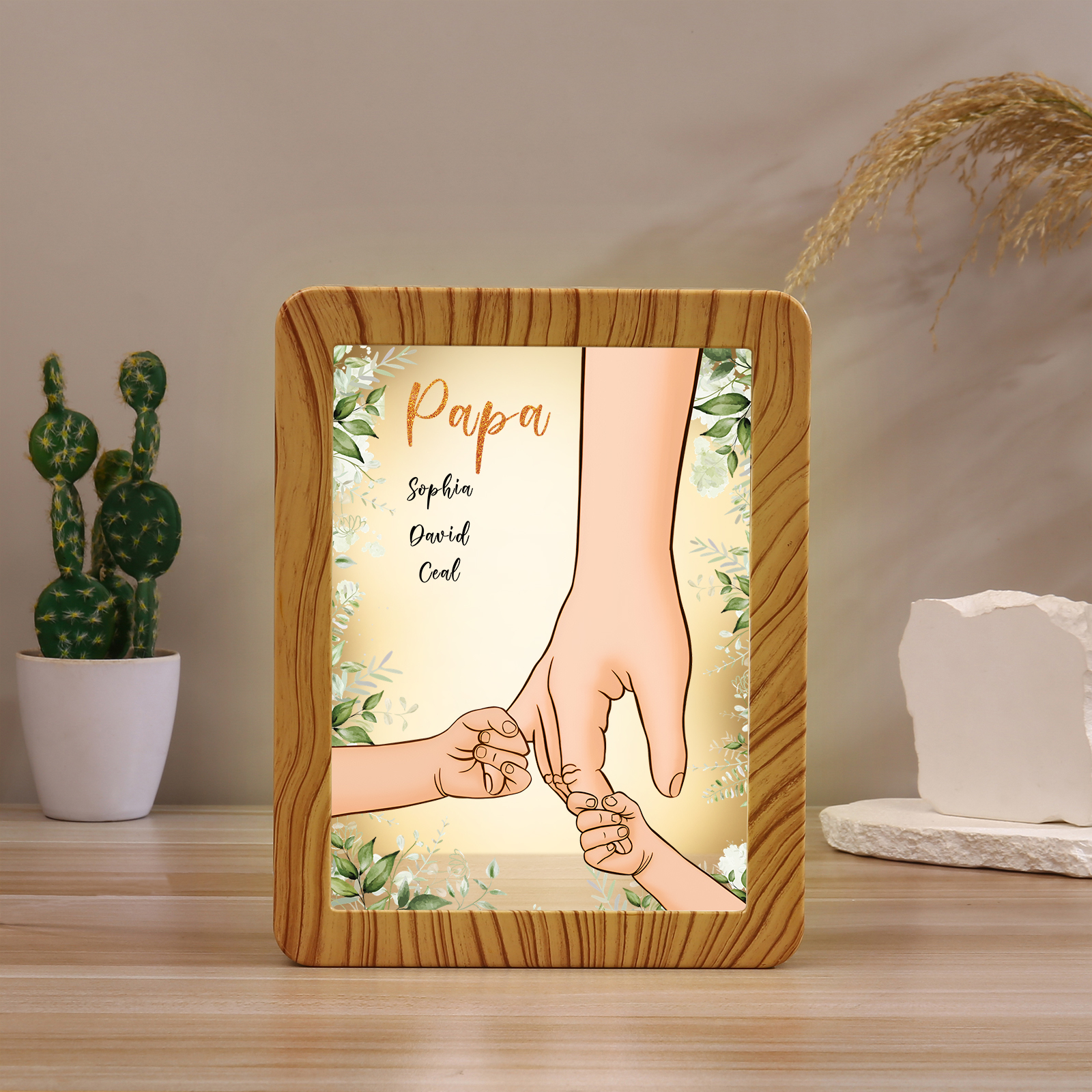 Lampe LED/Cadre Photo/Miroir multifonctionnel la main dans la main 3 Prénoms et 1 Tetxe Personnalisés Cadeau Créatif pour Famille