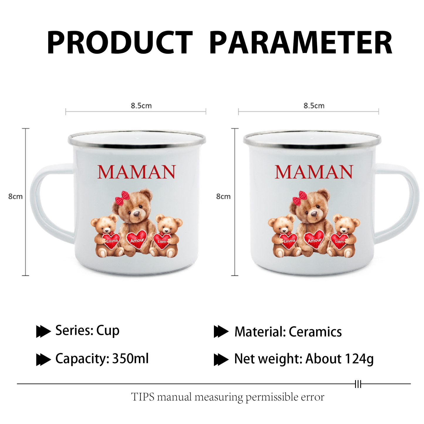 À Maman/Mamie - Tasse émaillée Ours 2 Prénoms Personnalisés