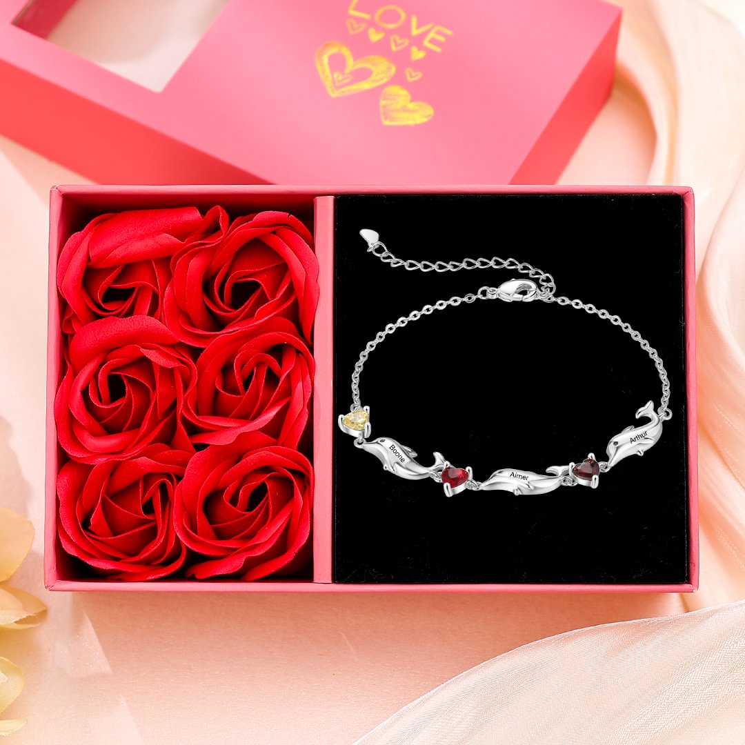 Bracelet dauphin 3 Prénoms Personnalisé avec 3 Pierres de Naissance