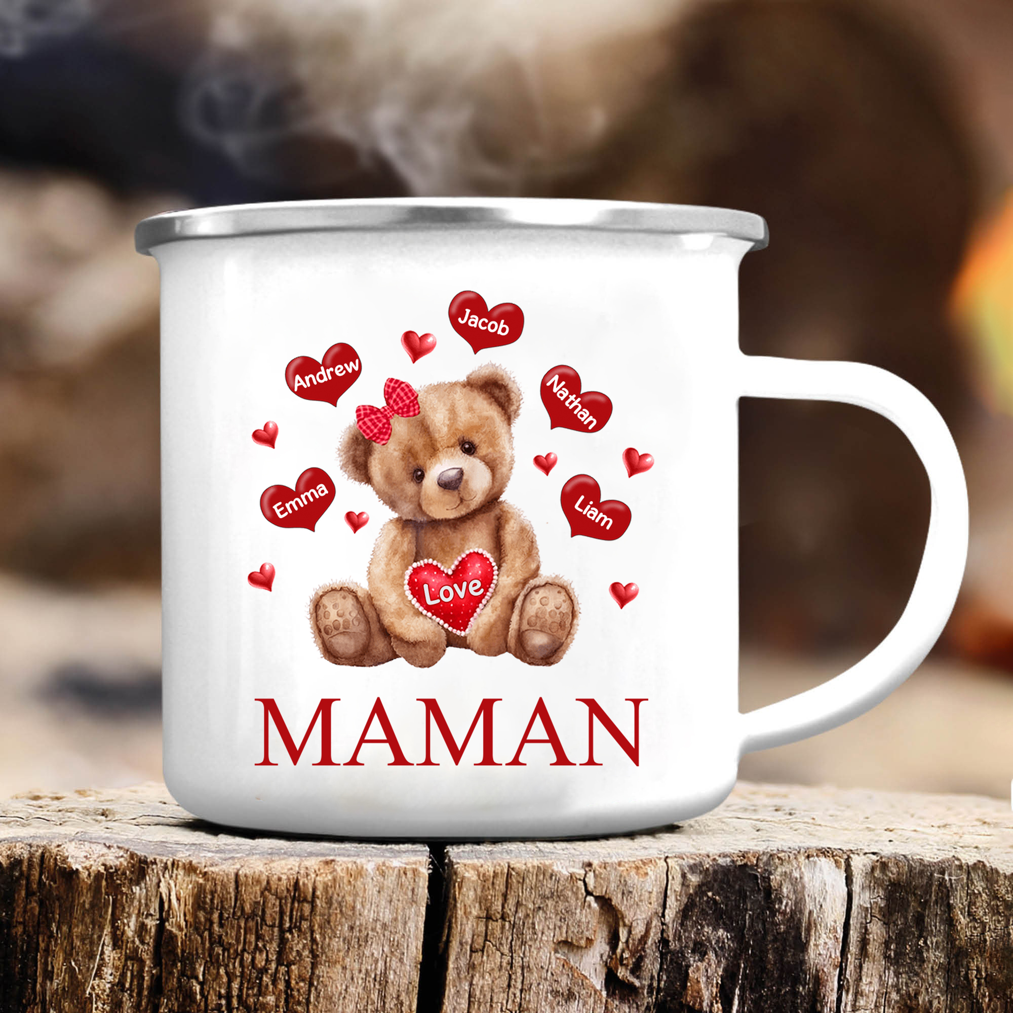 À Maman/Mamie - Tasse émaillée Ours 5 Prénoms Personnalisés