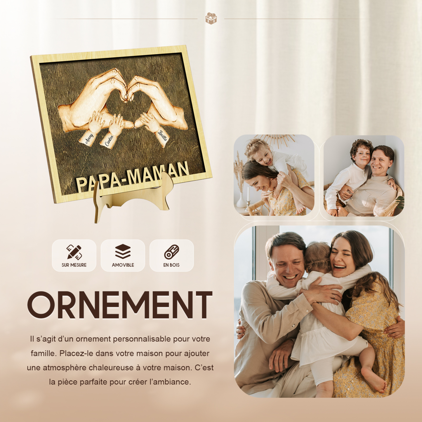 Décoration en bois la Main dans la Main 3 Prénoms Personnalisés Ornement pour Famille