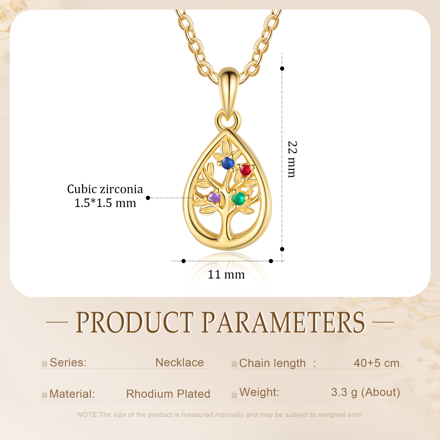 Collier Pendentif Arbre de vie 4 Pierres De Naissance Personnalisés Collier Arbre généalogique