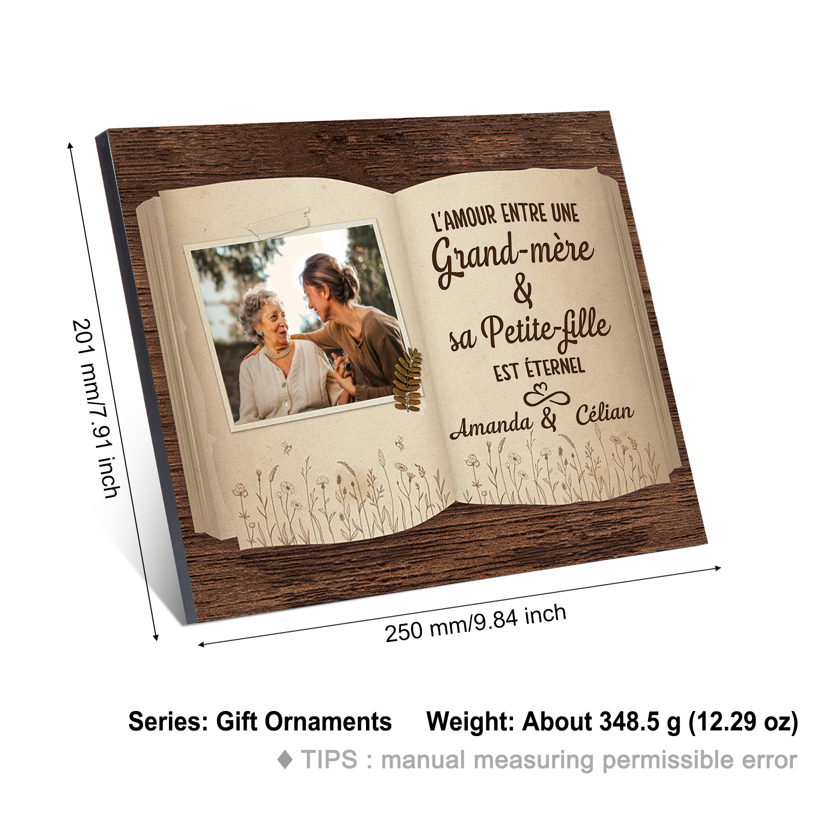 À ma Mamie - Cadre en Bois 2 Prénoms et 1 Photo Personnalisés Cadeau de Petite-fille pour Mamie