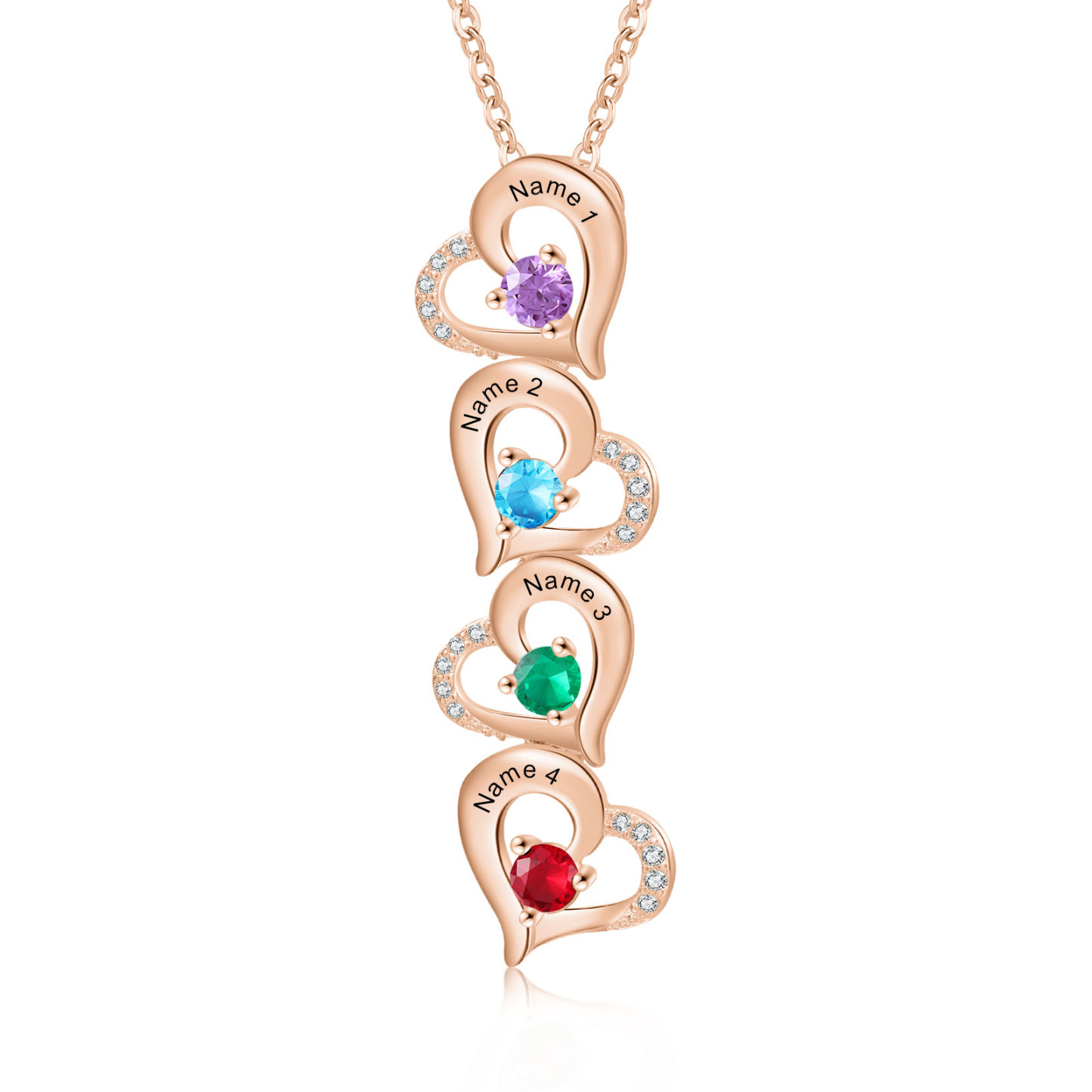 Collier Pendentif Cœur 4 Prénoms Personnalisés avec Pierre de naissance pour Femmes