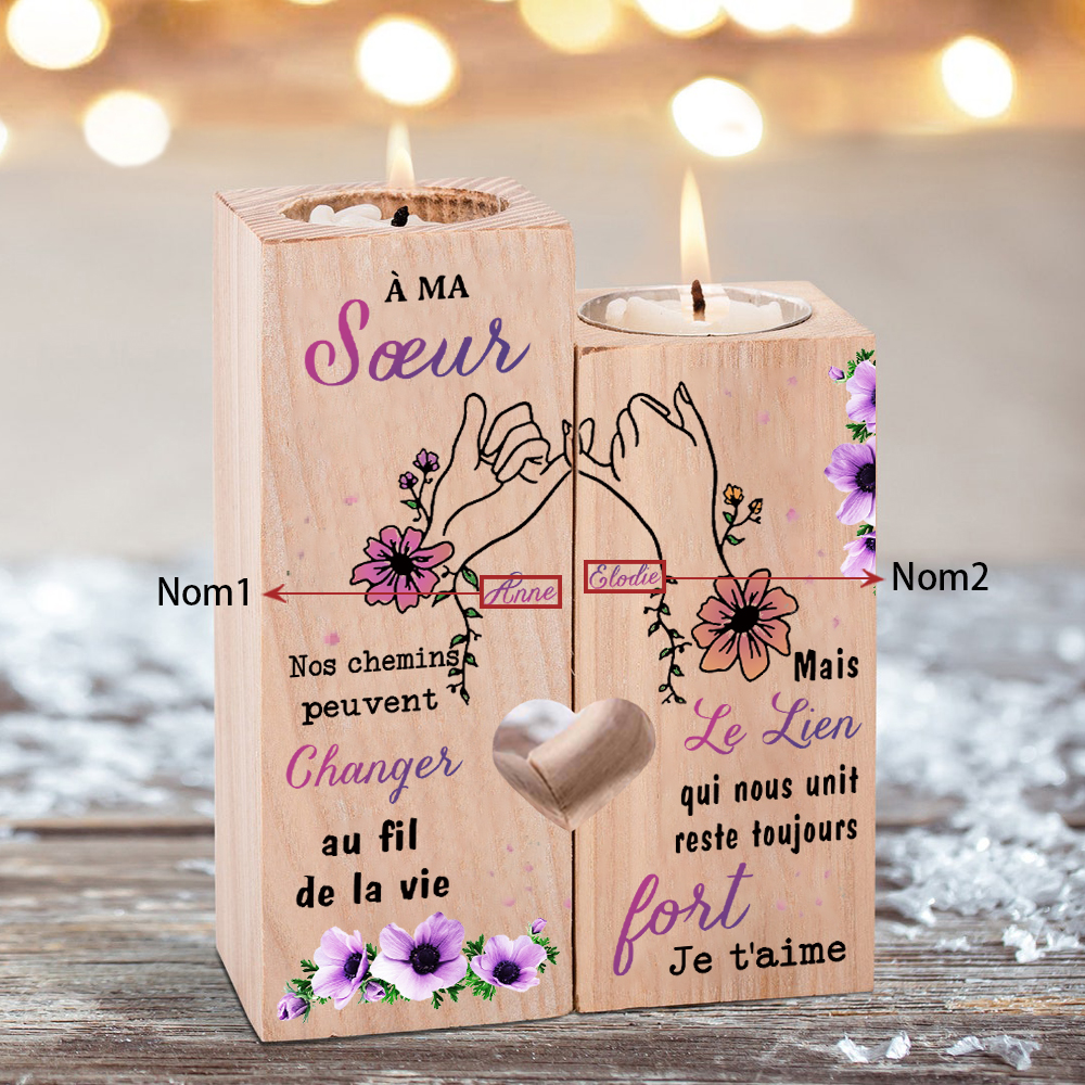 À Ma Sœur - Bougeoir en Bois 2 Prénoms Personnalisés sans bougie