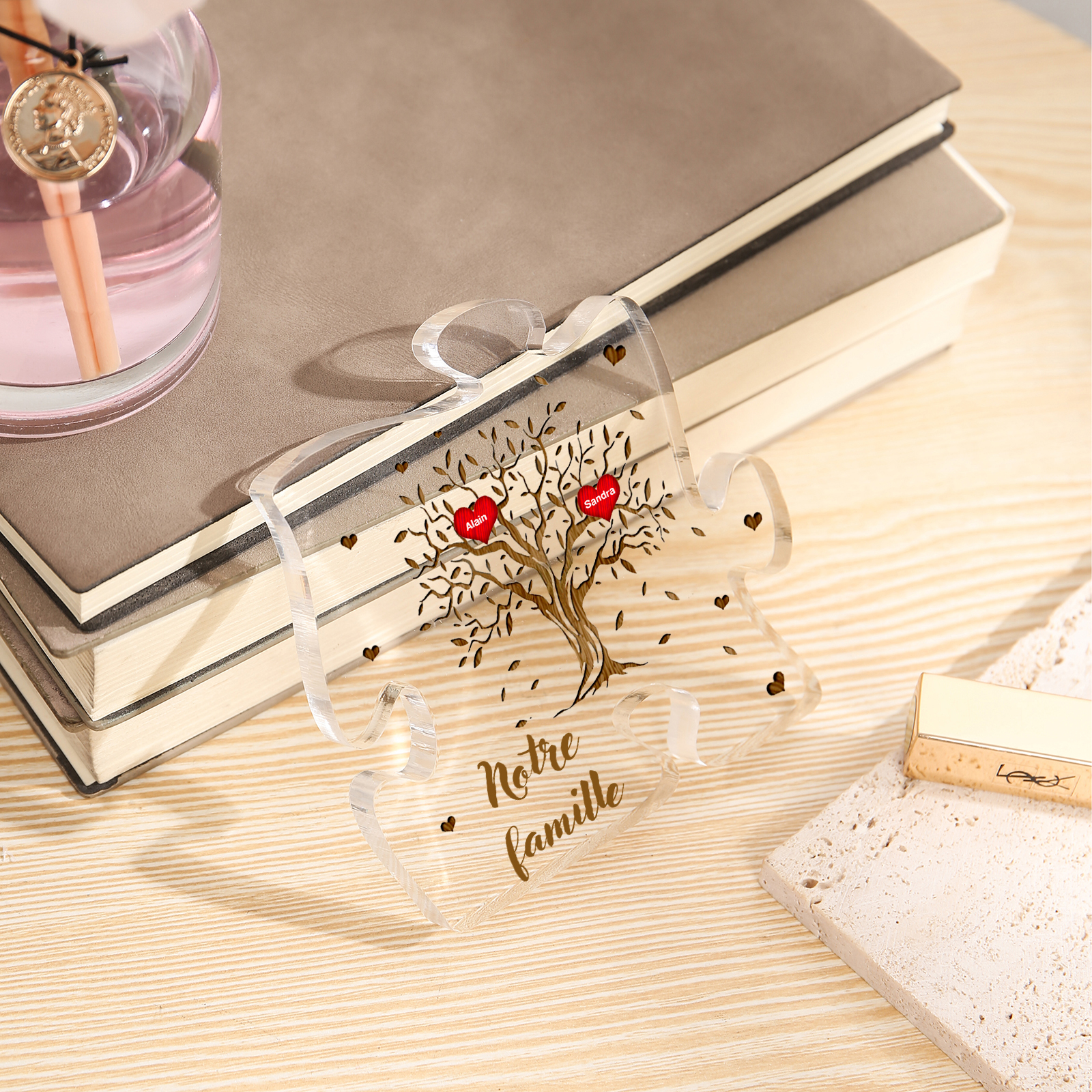 Plaque Acrylique en forme de Puzzle Arbre de Vie 2 Prénoms et Texte Personnalisés