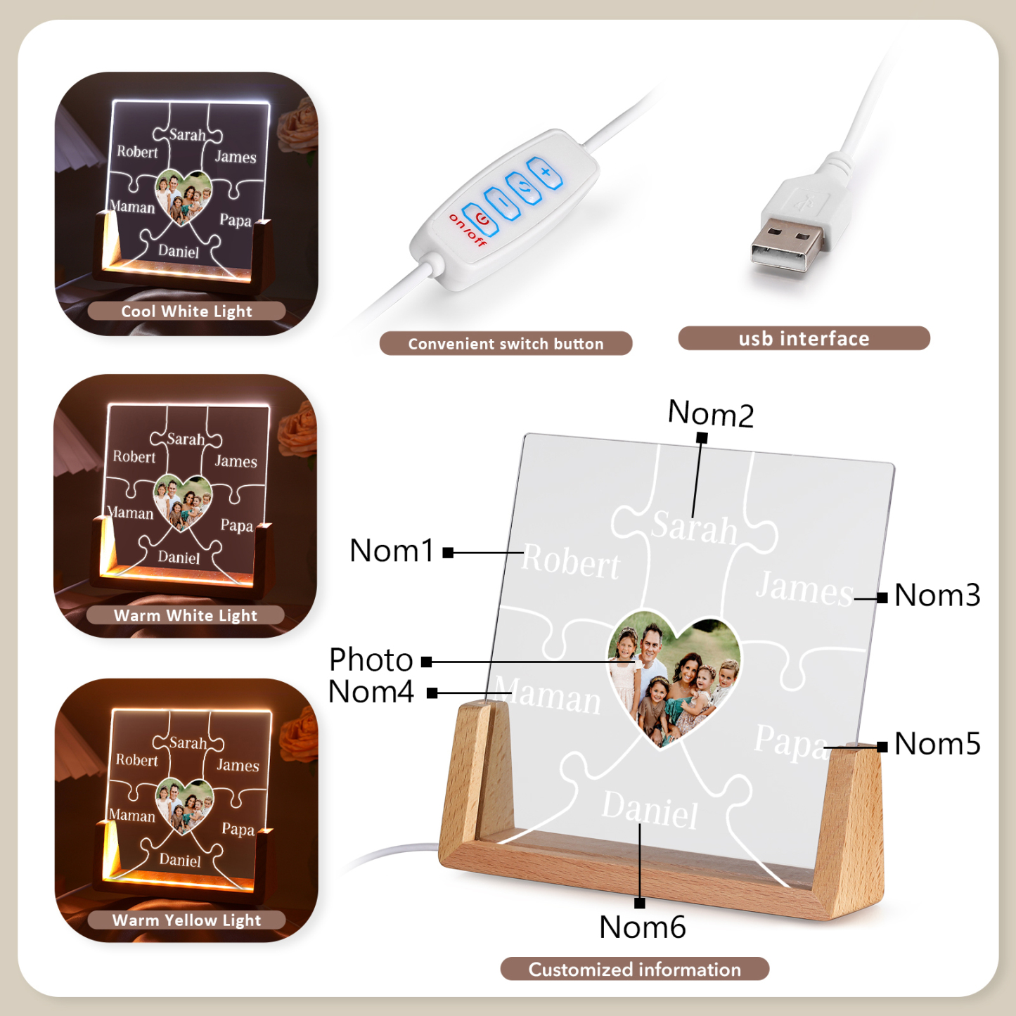 Lampe de chevet LED Puzzles 6 Prénoms Personnalisés avec Photo pour Famille